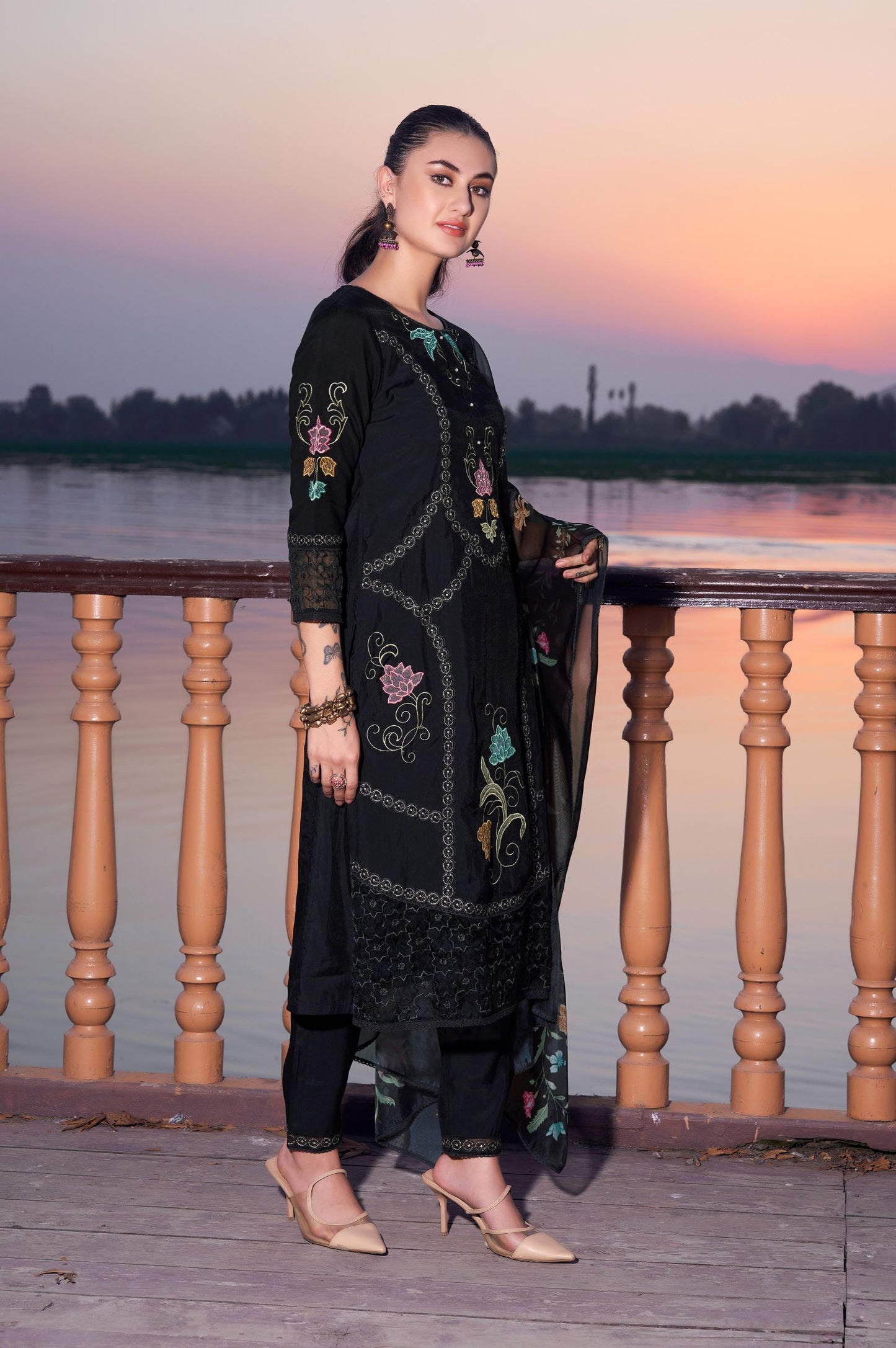 Black Roman Silk Embroidered Straight Kurta Set with Dupatta