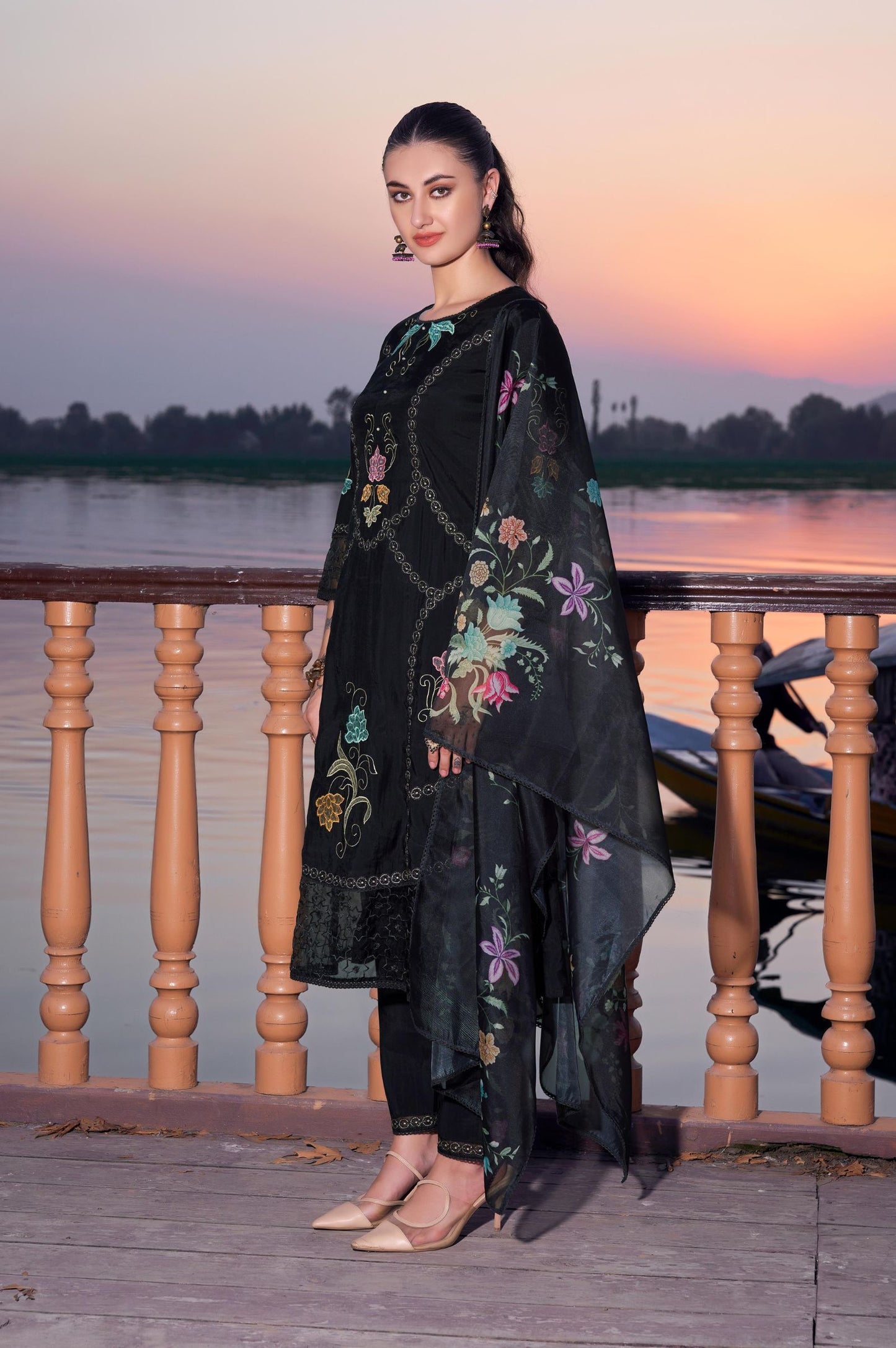 Black Roman Silk Embroidered Straight Kurta Set with Dupatta