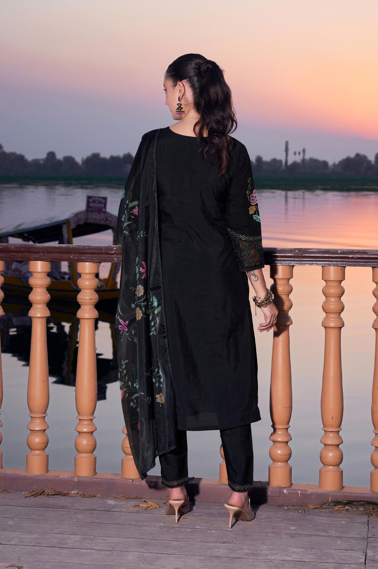 Black Roman Silk Embroidered Straight Kurta Set with Dupatta