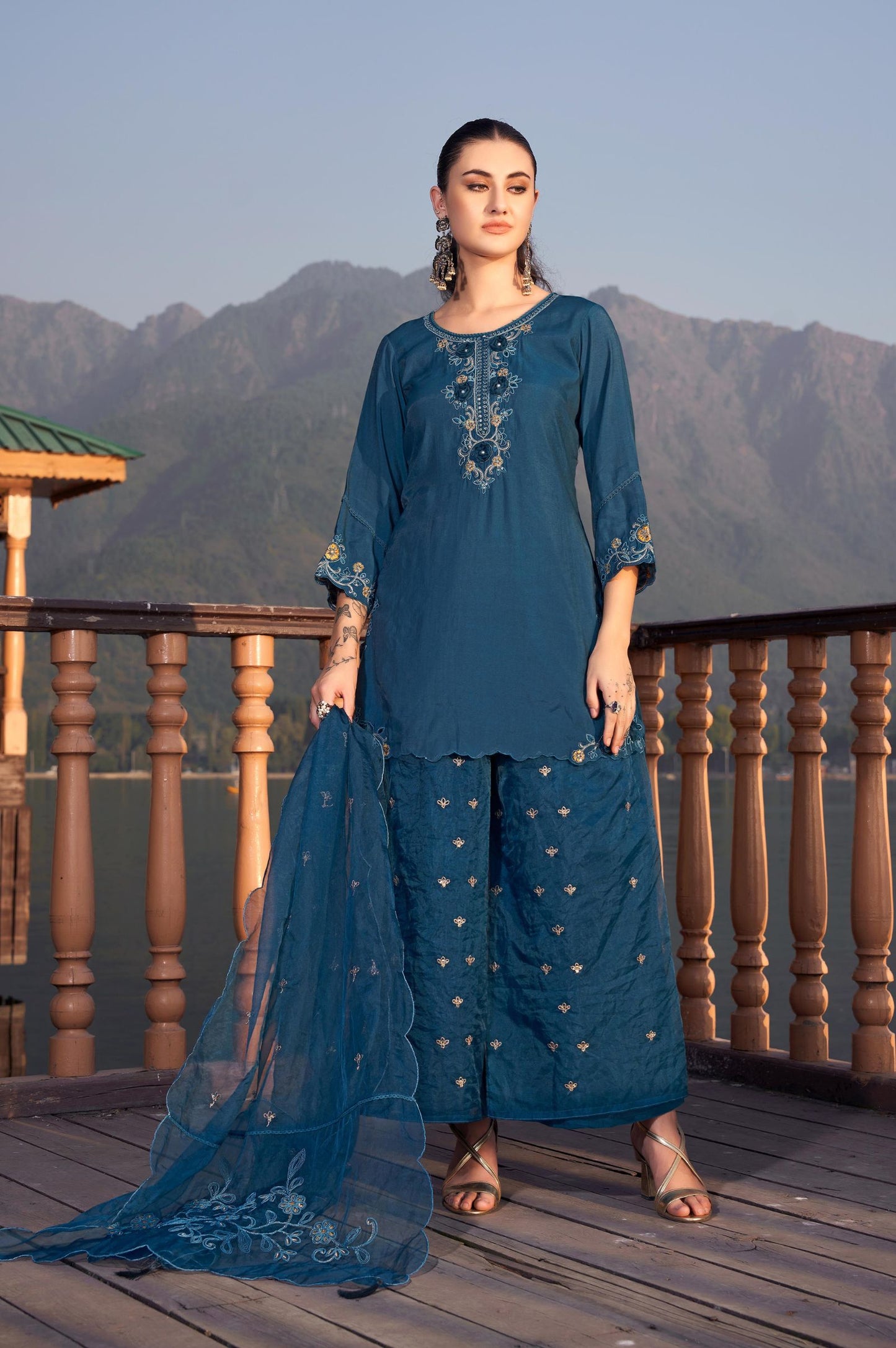 Blue Roman Satin Embroidered Straight Kurta Set with Dupatta