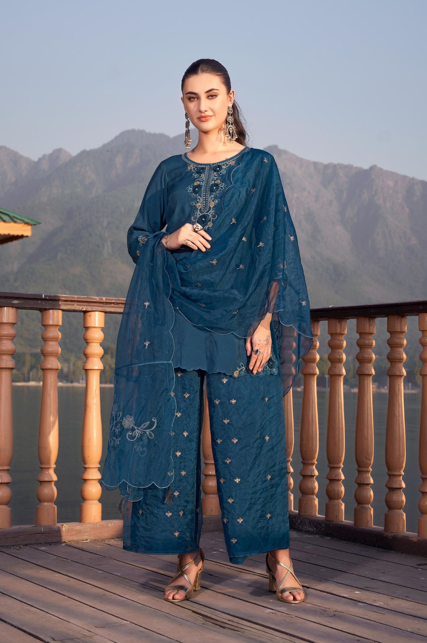 Blue Roman Satin Embroidered Straight Kurta Set with Dupatta