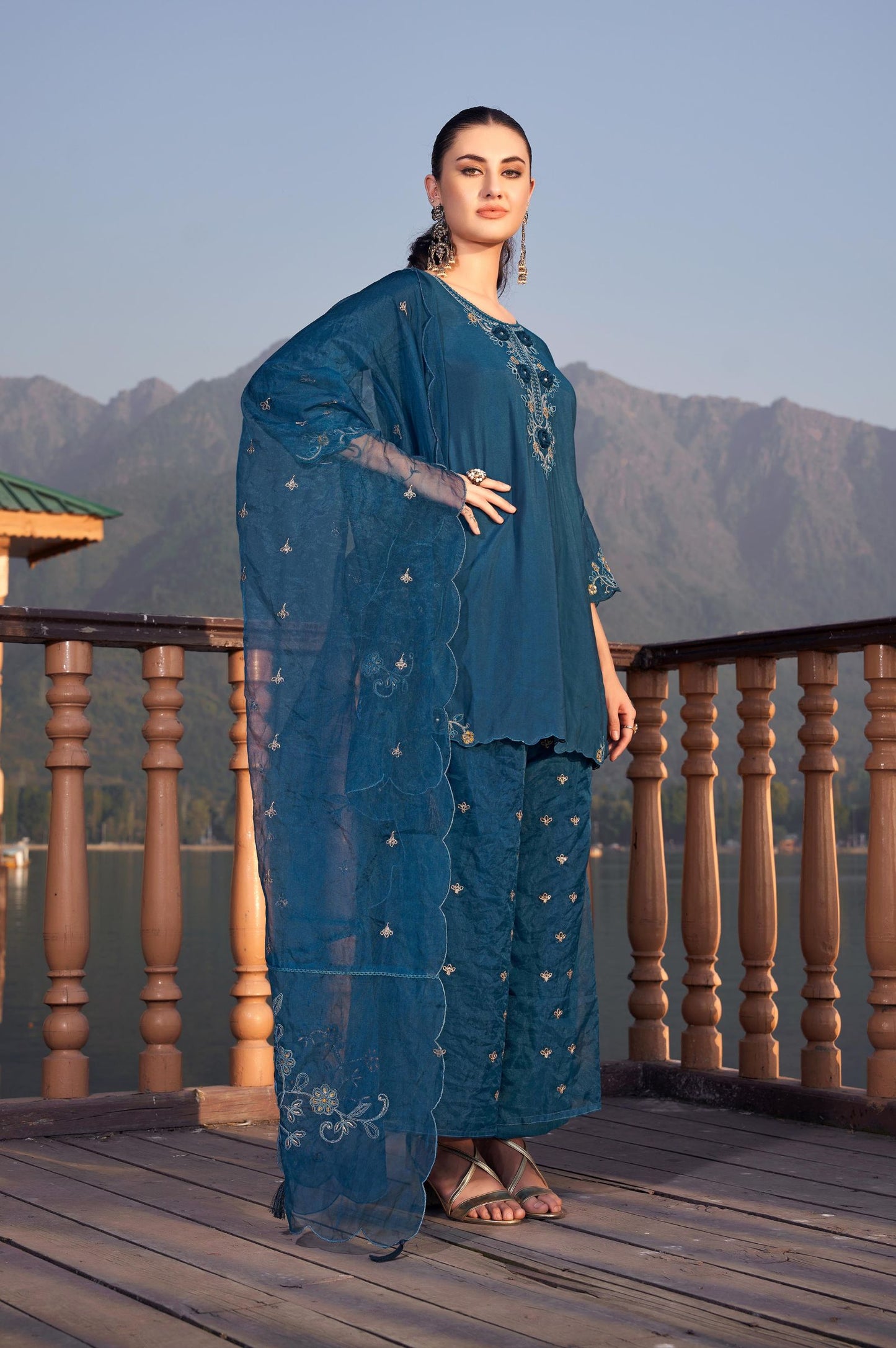 Blue Roman Satin Embroidered Straight Kurta Set with Dupatta
