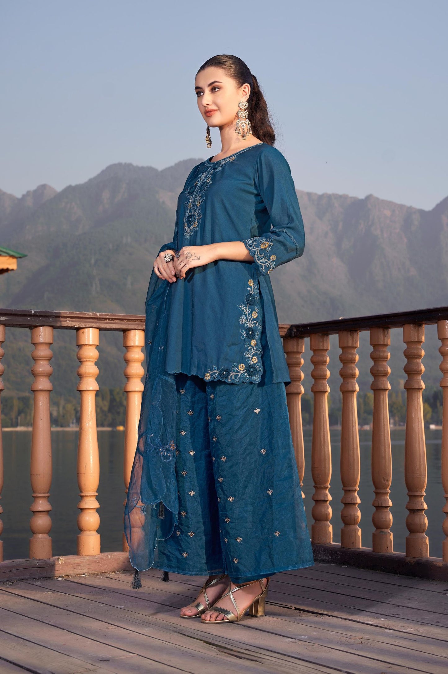 Blue Roman Satin Embroidered Straight Kurta Set with Dupatta