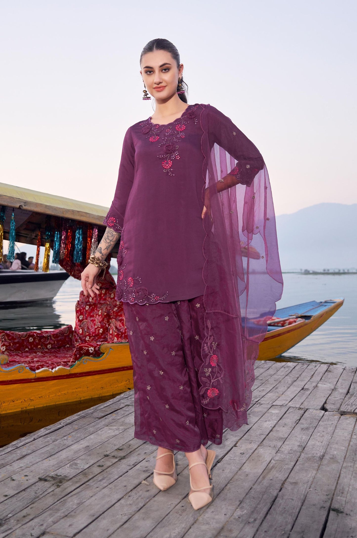 Purple Roman Satin Embroidered Straight Kurta Set with Dupatta