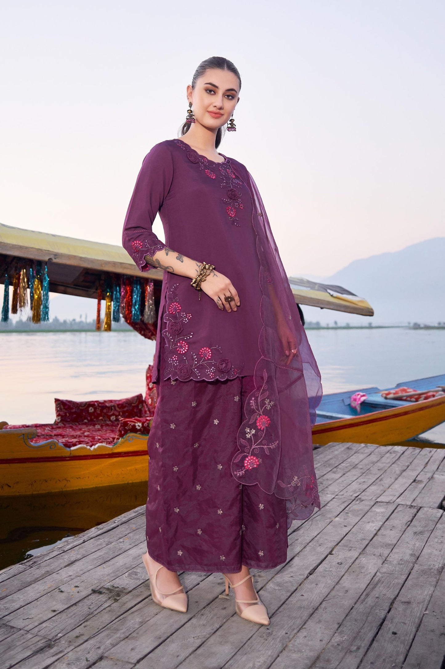 Purple Roman Satin Embroidered Straight Kurta Set with Dupatta