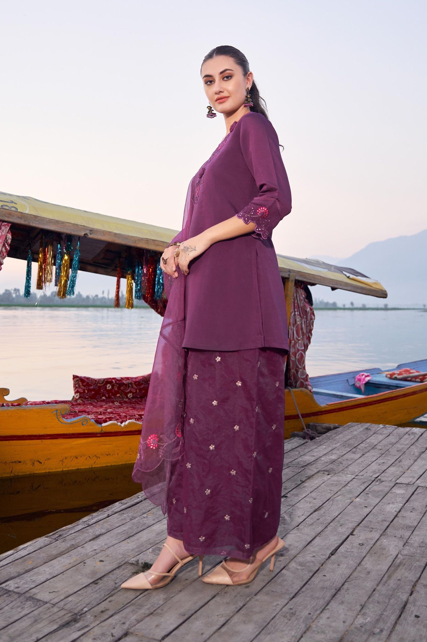 Purple Roman Satin Embroidered Straight Kurta Set with Dupatta