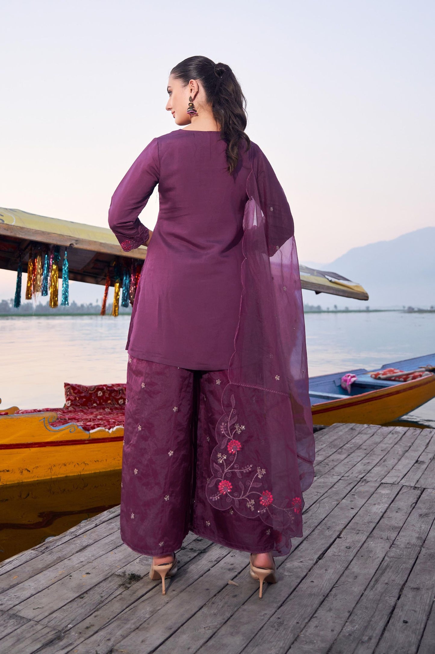 Purple Roman Satin Embroidered Straight Kurta Set with Dupatta