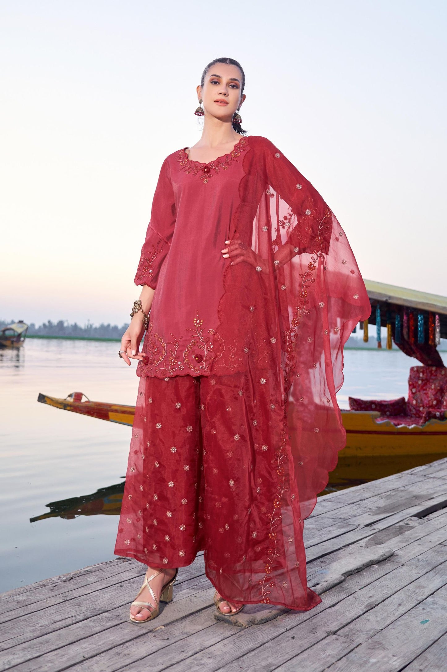 Red Roman Satin Embroidered Straight Kurta Set with Dupatta