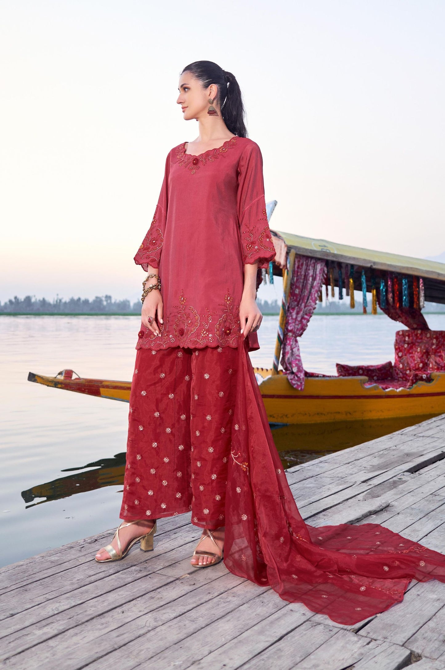 Red Roman Satin Embroidered Straight Kurta Set with Dupatta