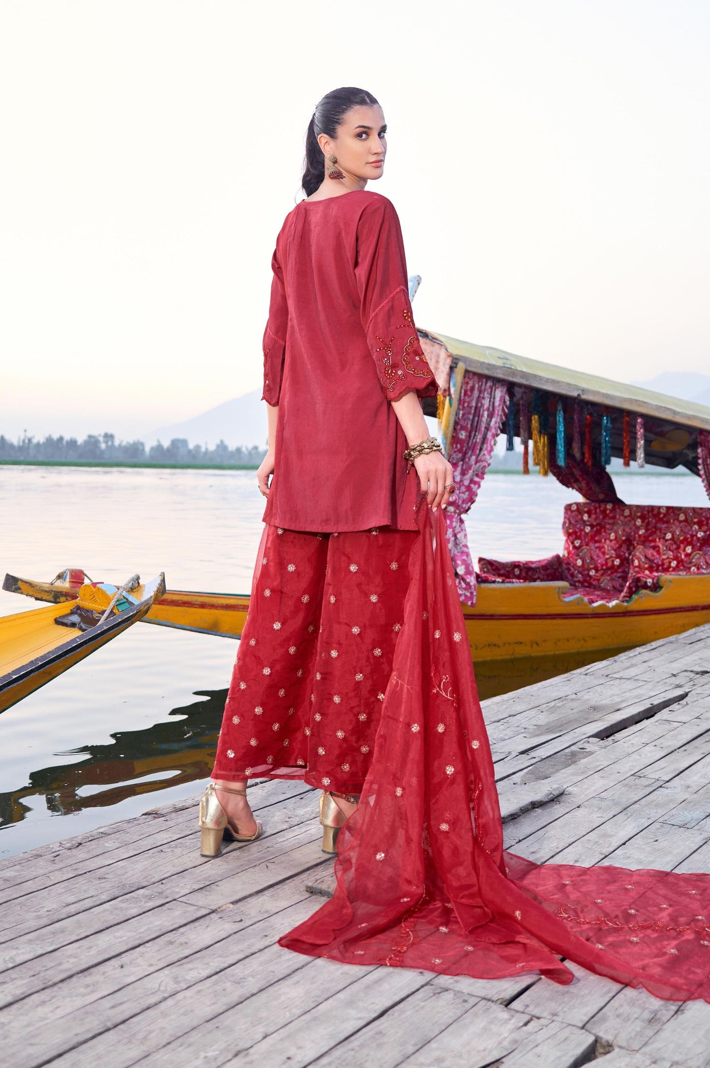 Red Roman Satin Embroidered Straight Kurta Set with Dupatta