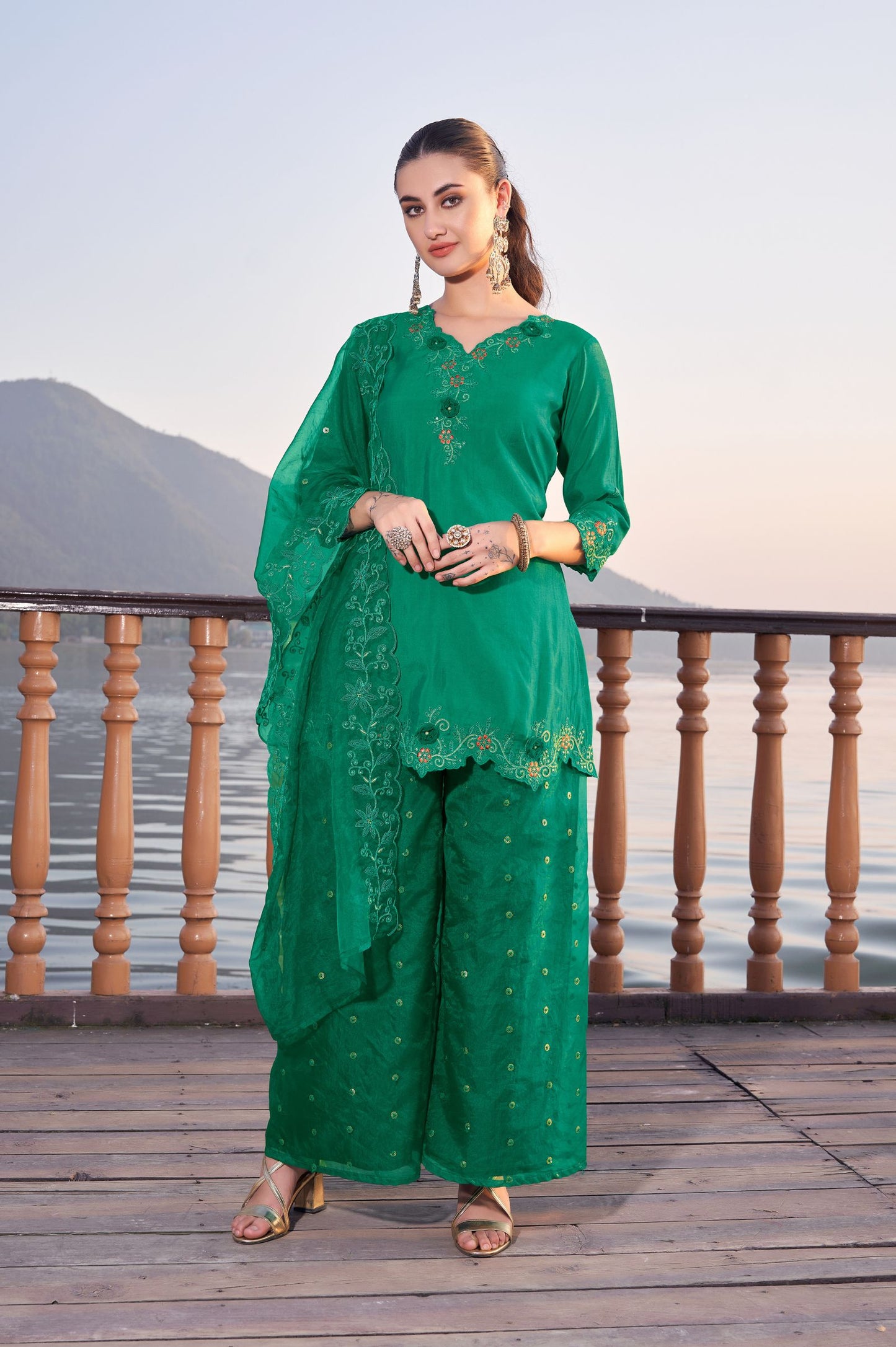 Green Roman Satin Embroidered Straight Kurta Set with Dupatta
