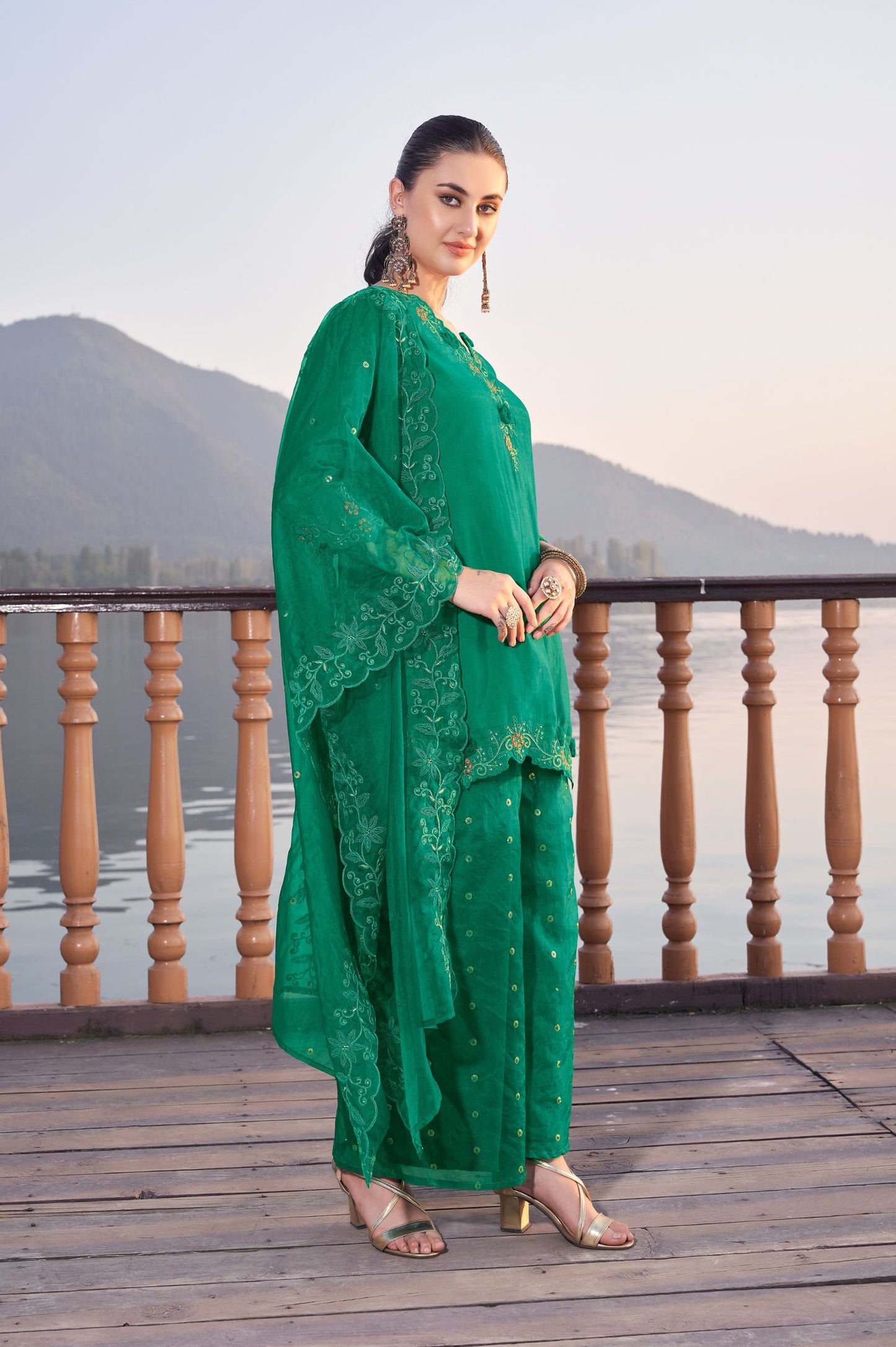 Green Roman Satin Embroidered Straight Kurta Set with Dupatta