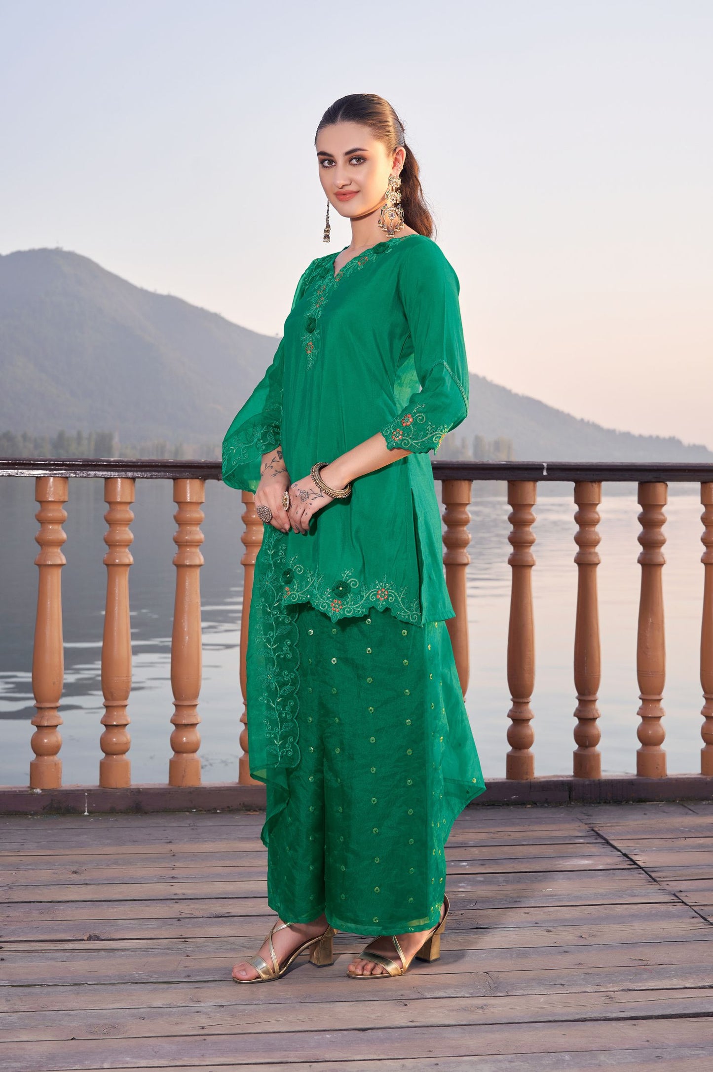 Green Roman Satin Embroidered Straight Kurta Set with Dupatta
