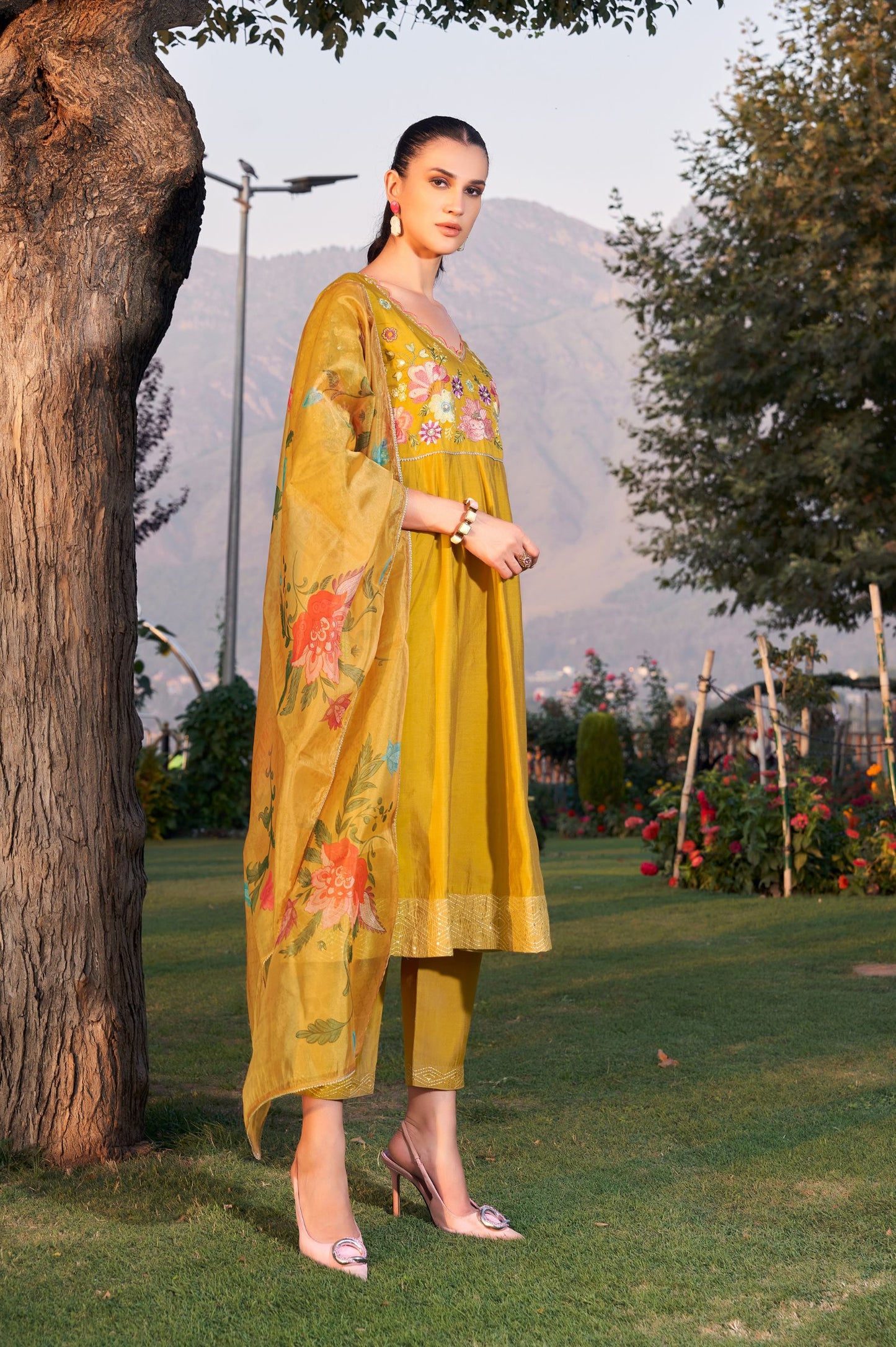 Occur Roman Silk Embroidered Kurta Set with Dupatta For Women