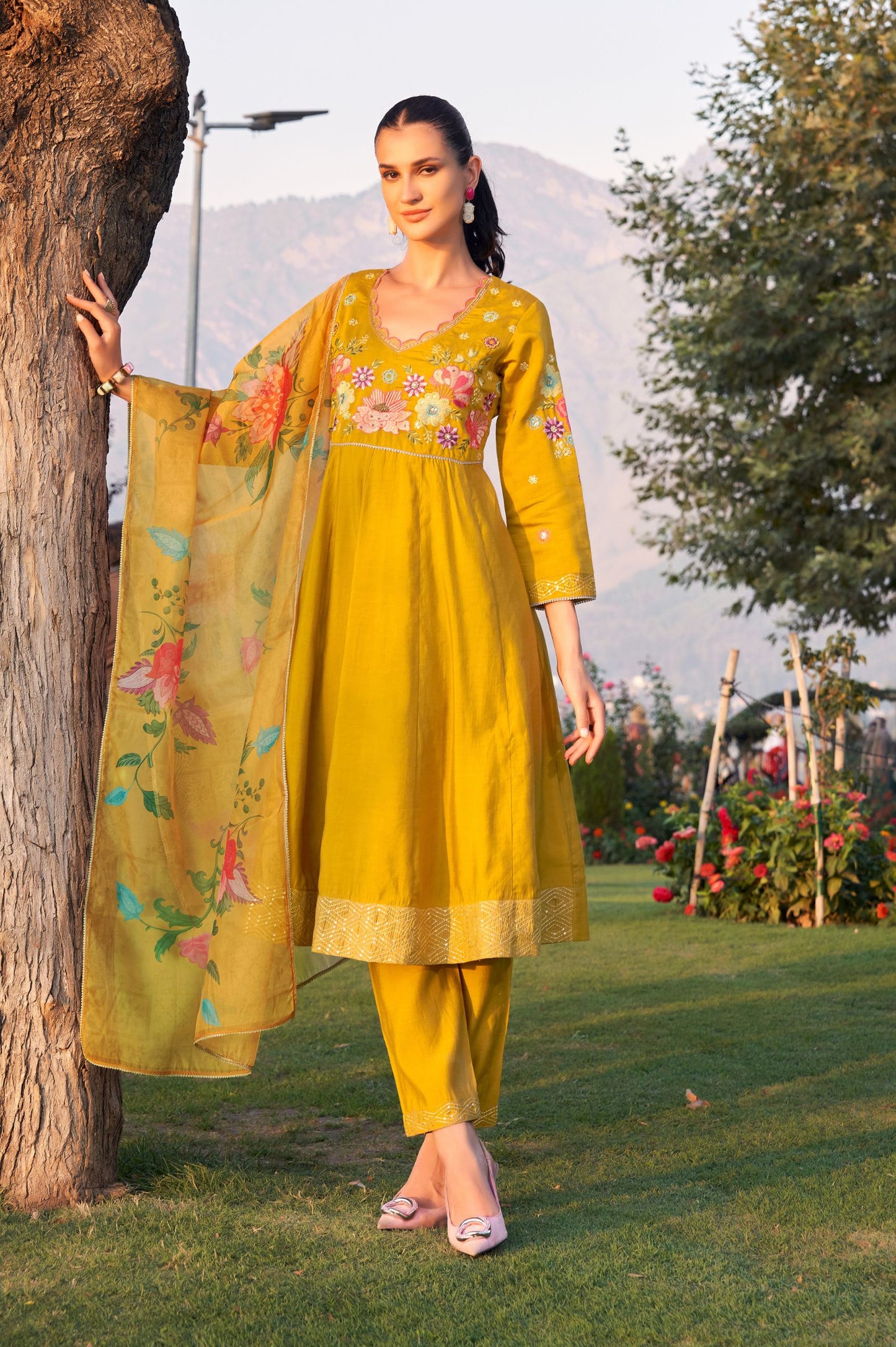Occur Roman Silk Embroidered Kurta Set with Dupatta For Women