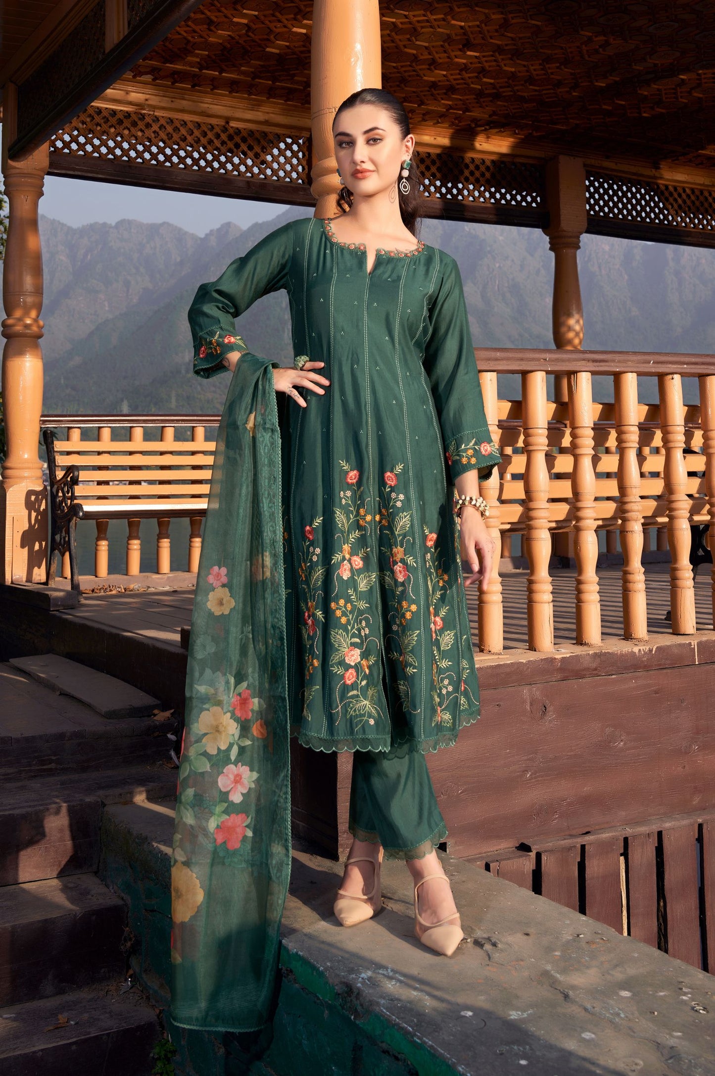 Dark Green Roman Silk Embroidered Kurta Set with Dupatta For Women
