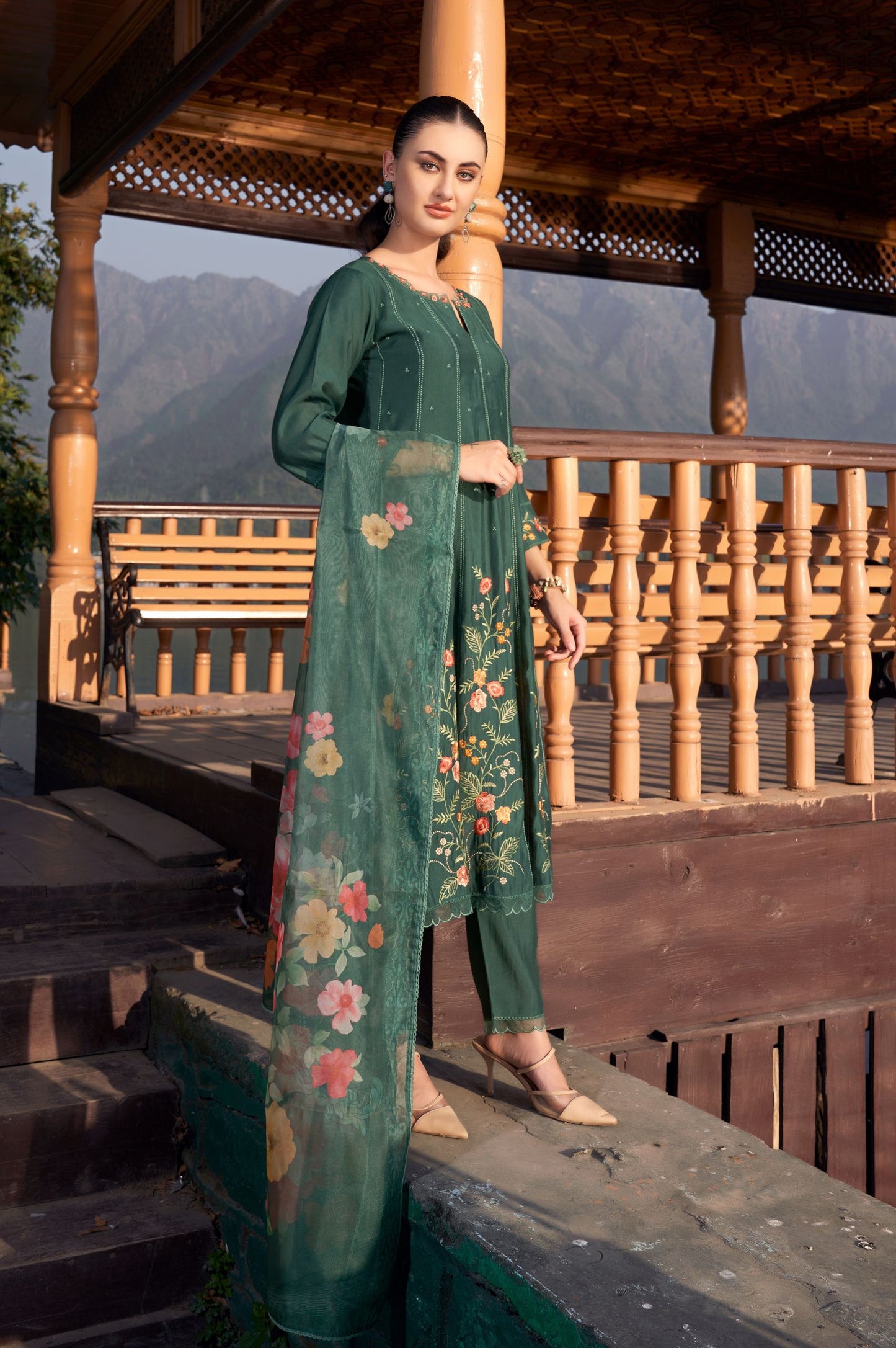 Dark Green Roman Silk Embroidered Kurta Set with Dupatta For Women