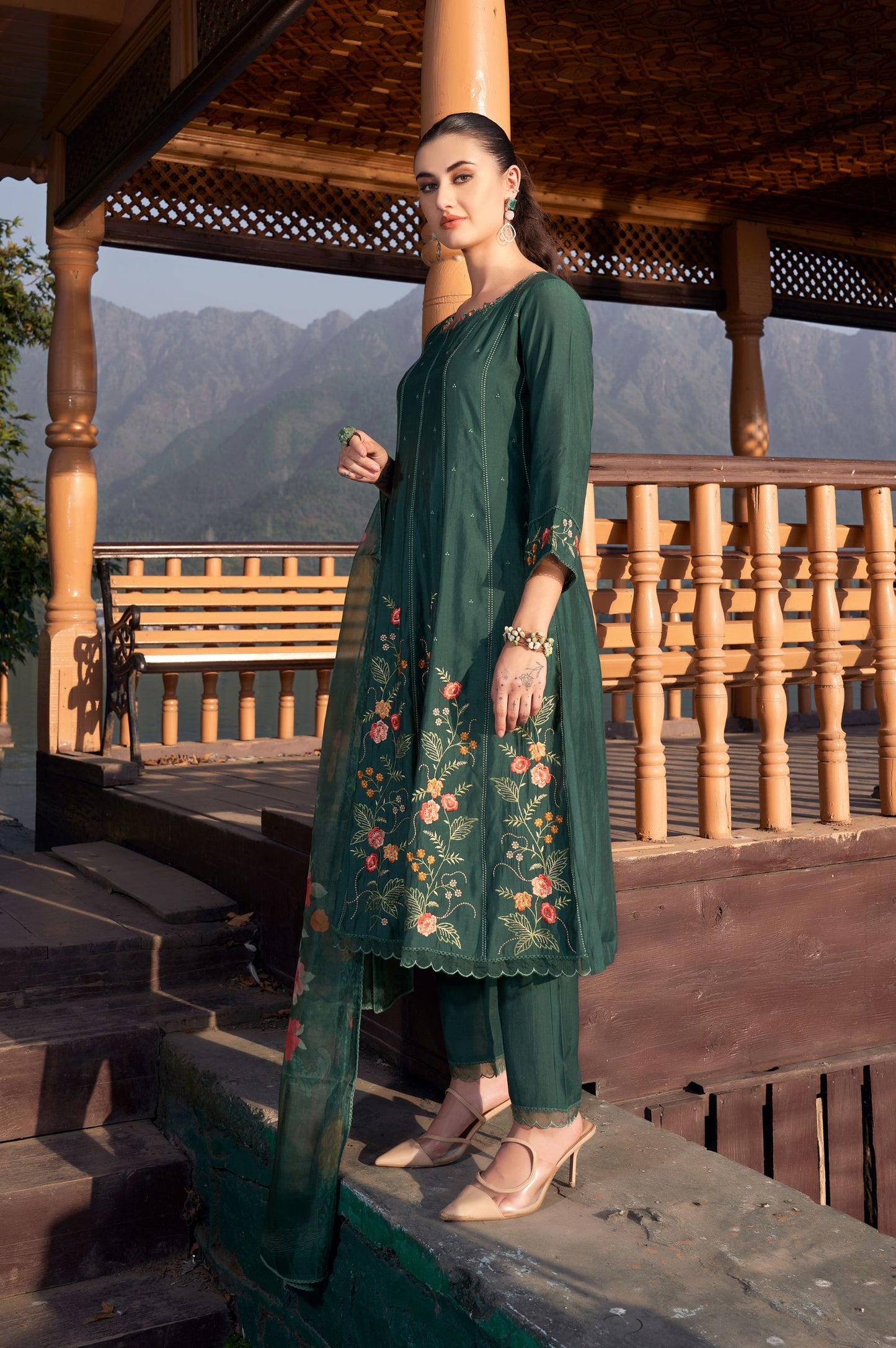 Dark Green Roman Silk Embroidered Kurta Set with Dupatta For Women