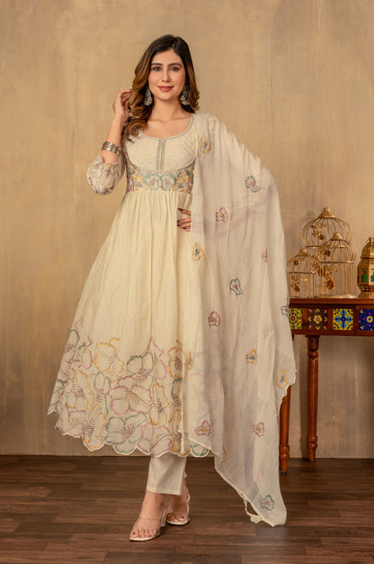 White Cotton Embroidered With Handwork Kurta Set with Dupatta