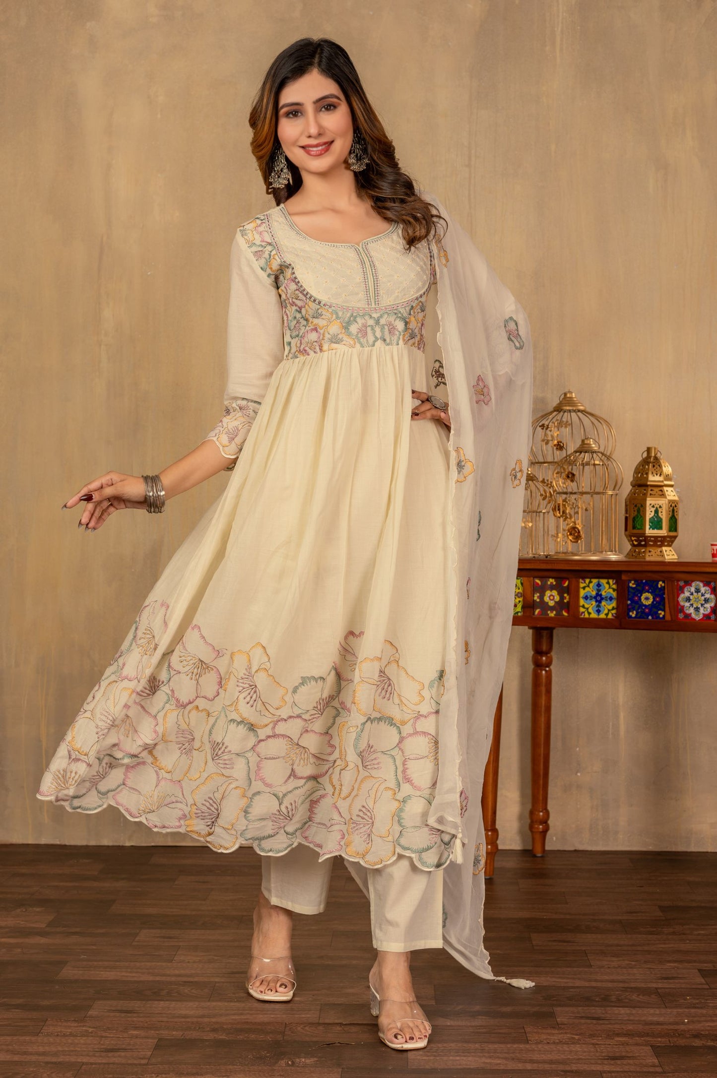 White Cotton Embroidered With Handwork Kurta Set with Dupatta