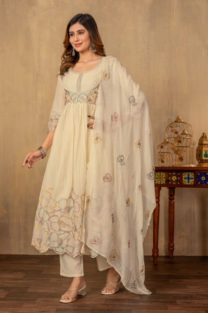 White Cotton Embroidered With Handwork Kurta Set with Dupatta