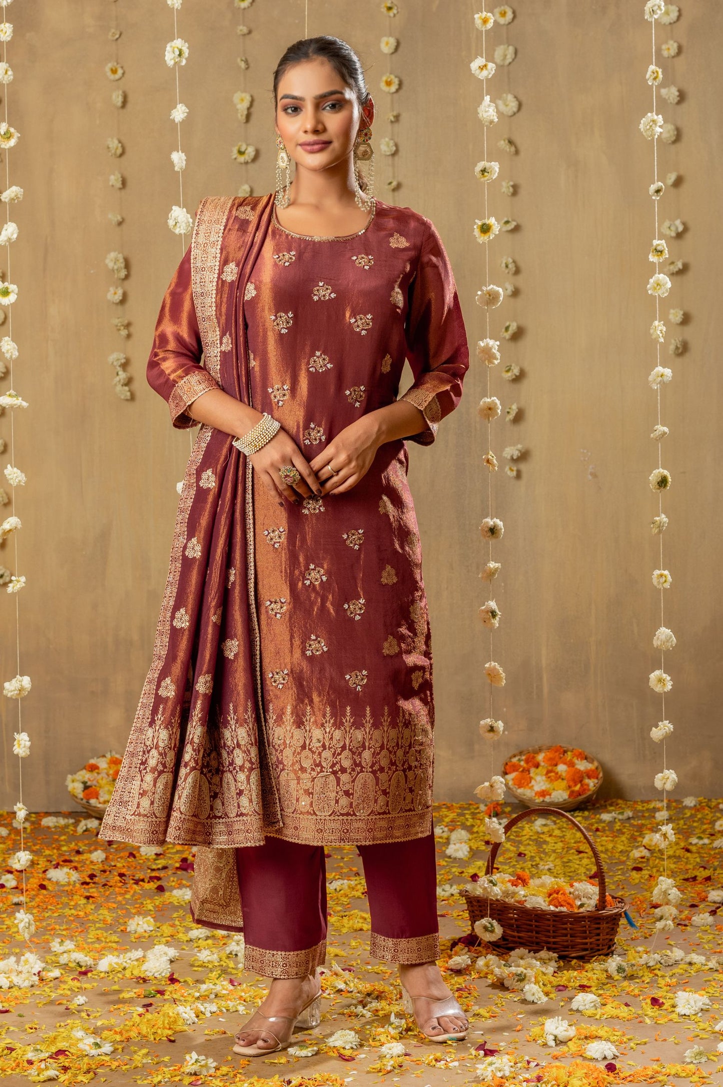 Maroon Viscose Simmer Jacquard Handwork Set Kurta Set with Dupatta