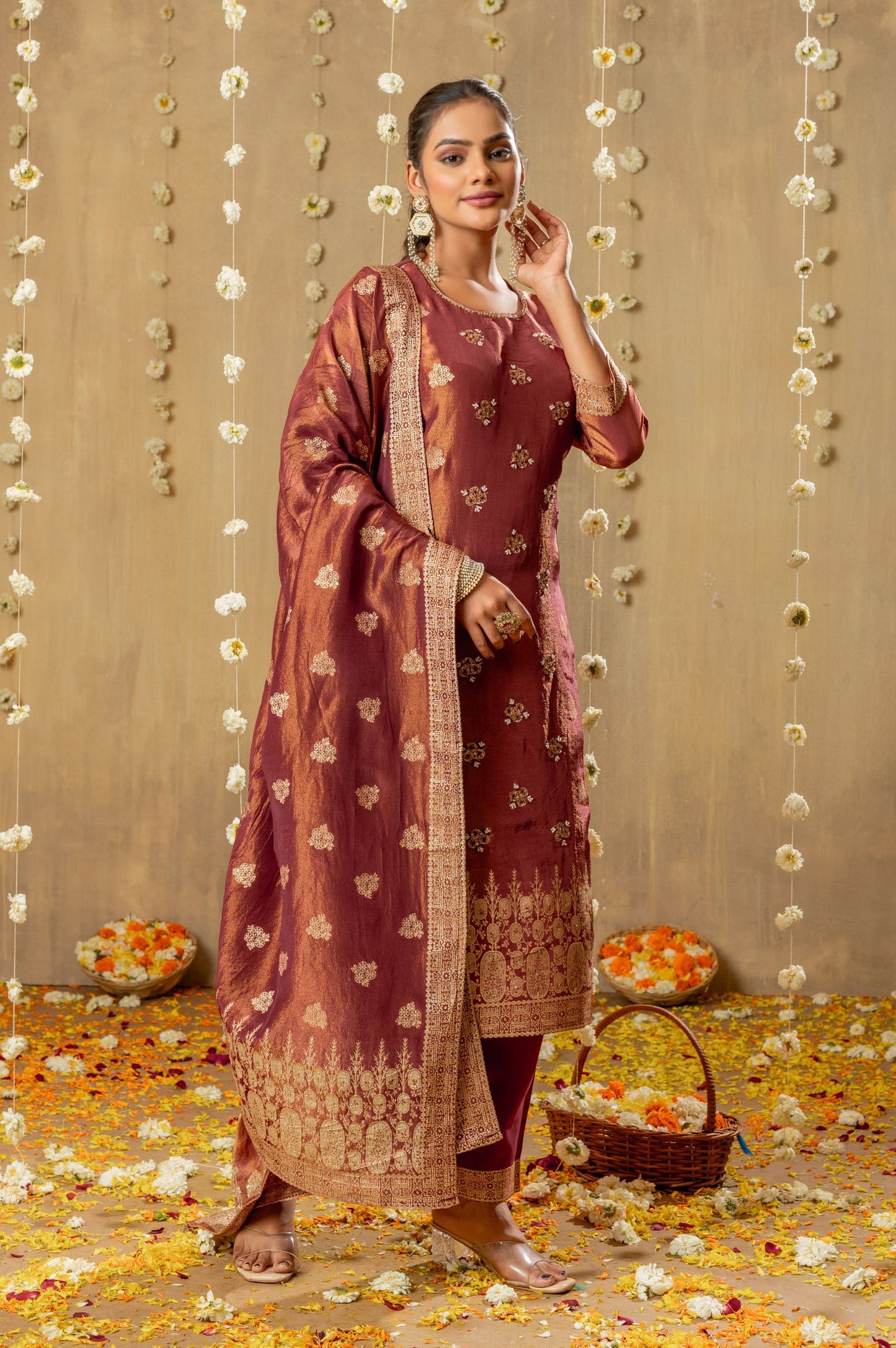 Maroon Viscose Simmer Jacquard Handwork Set Kurta Set with Dupatta