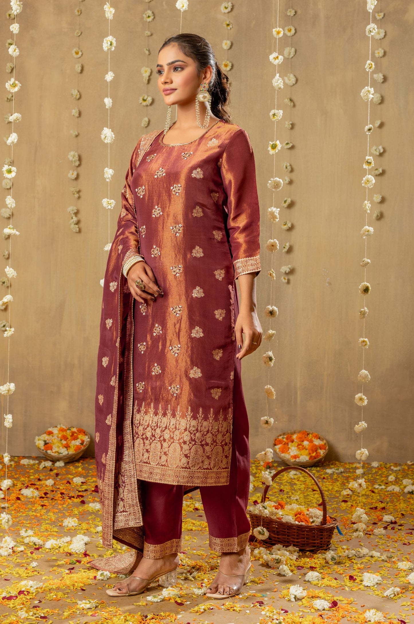 Maroon Viscose Simmer Jacquard Handwork Set Kurta Set with Dupatta