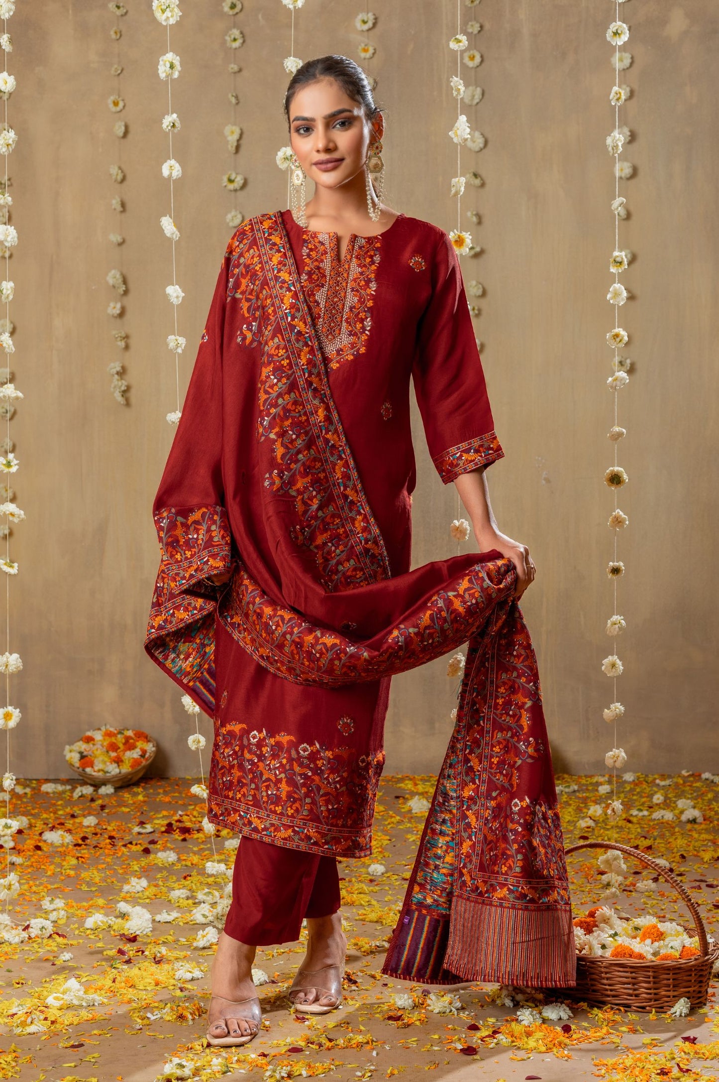 Red Russian Silk Jacquard Handwork Kurta Set with Dupatta