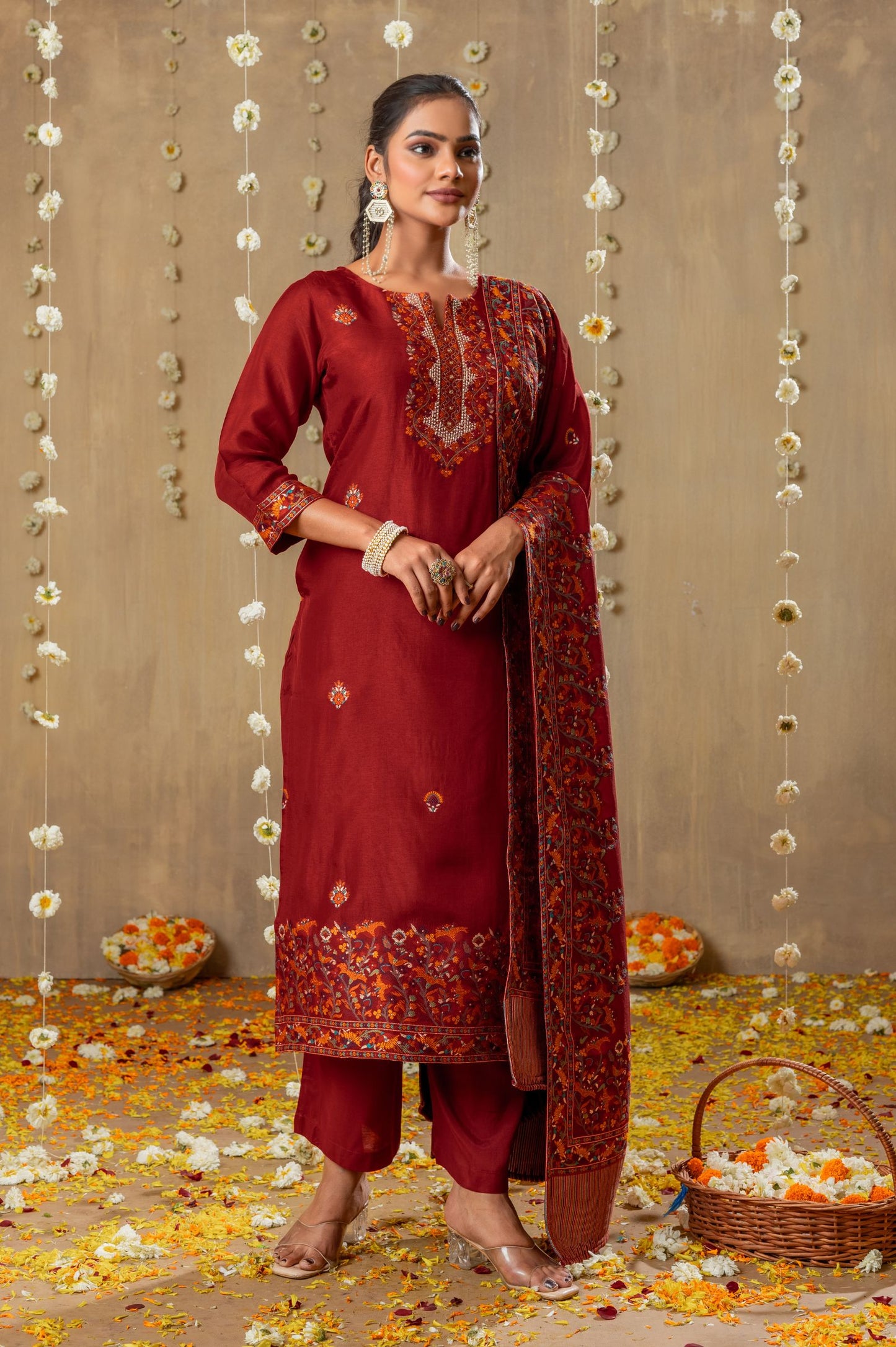 Red Russian Silk Jacquard Handwork Kurta Set with Dupatta