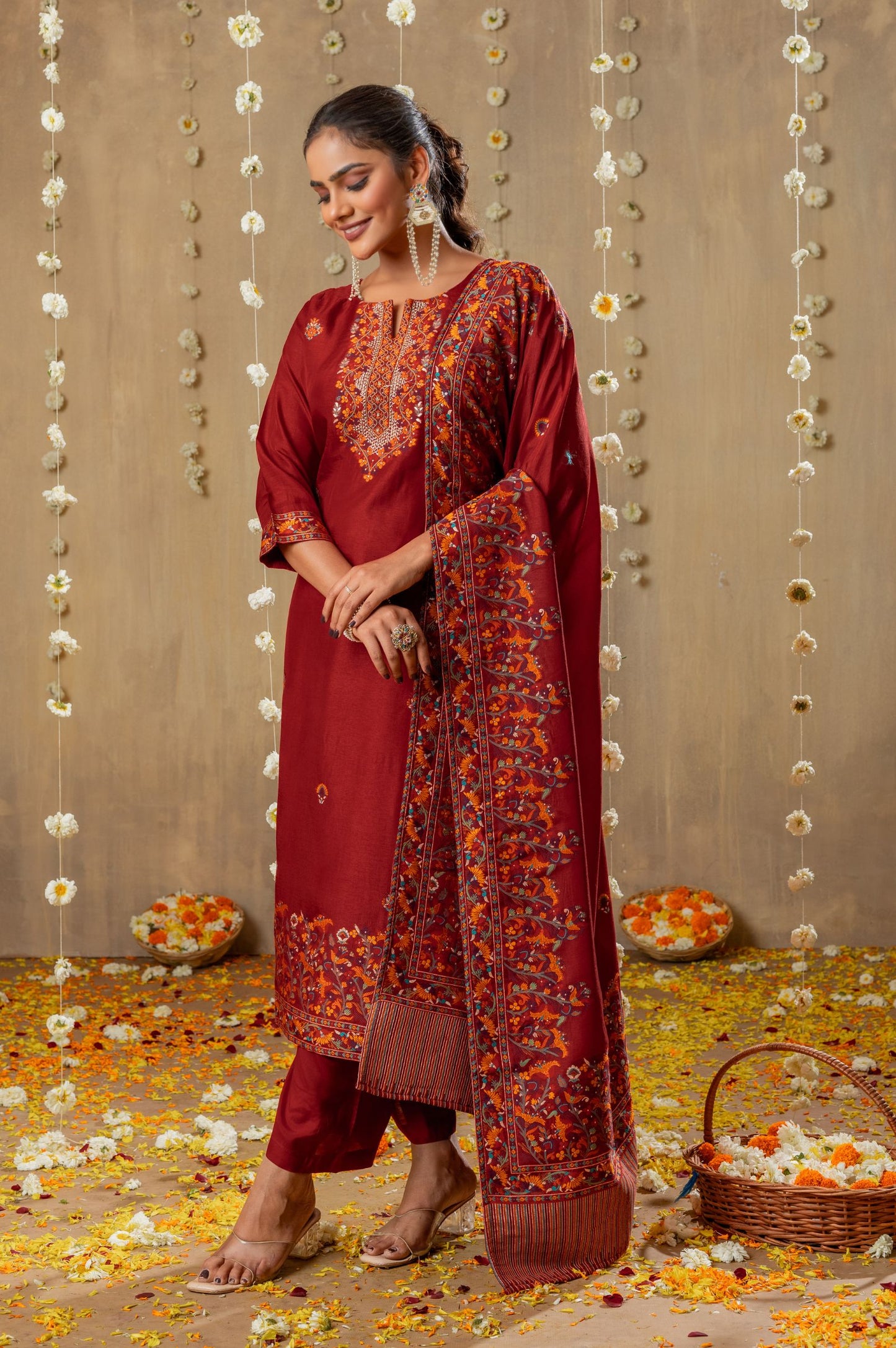 Red Russian Silk Jacquard Handwork Kurta Set with Dupatta