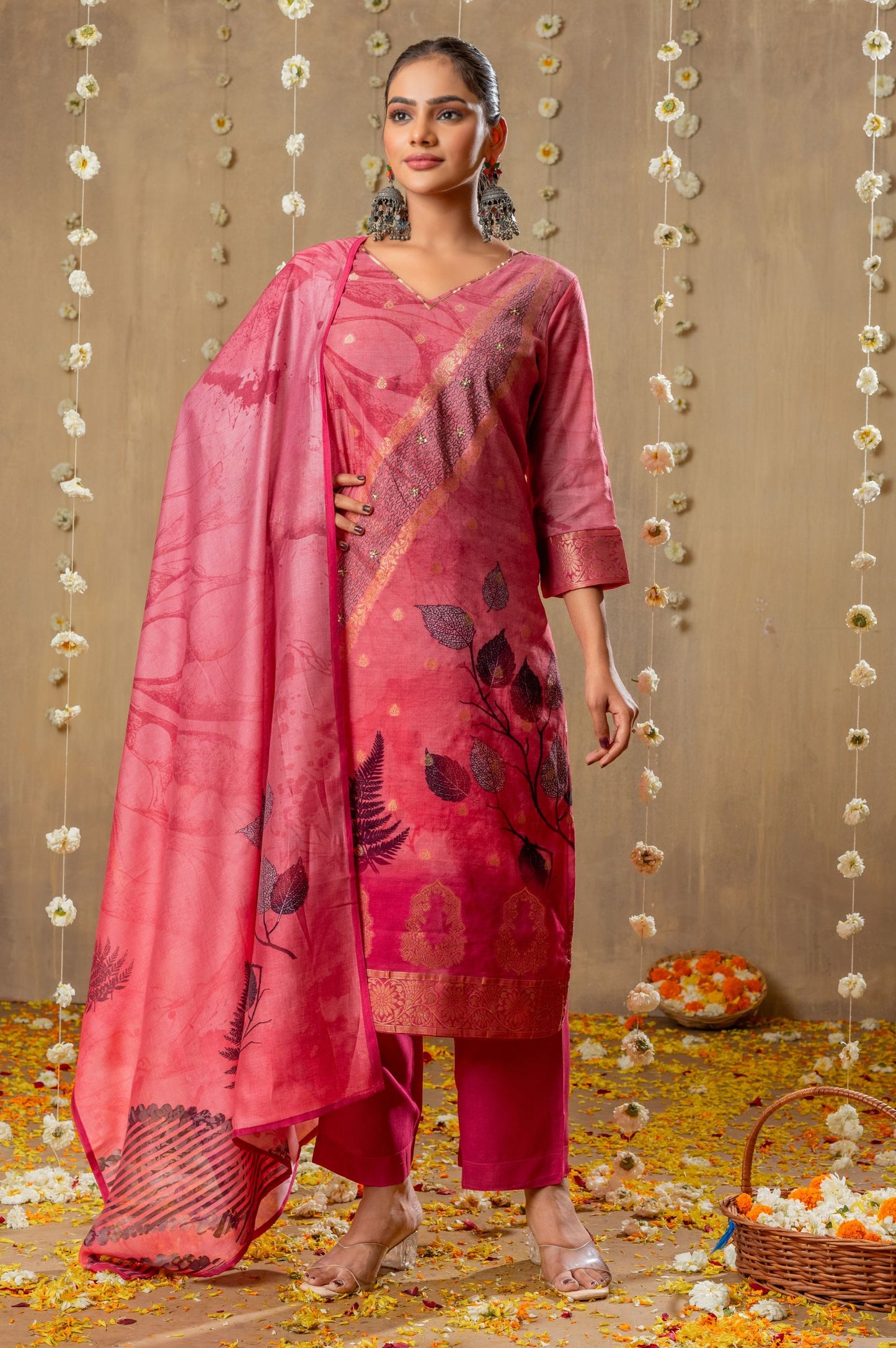 Pink Viscose Muslin Jacquard Handwork Kurta Set with Dupatta