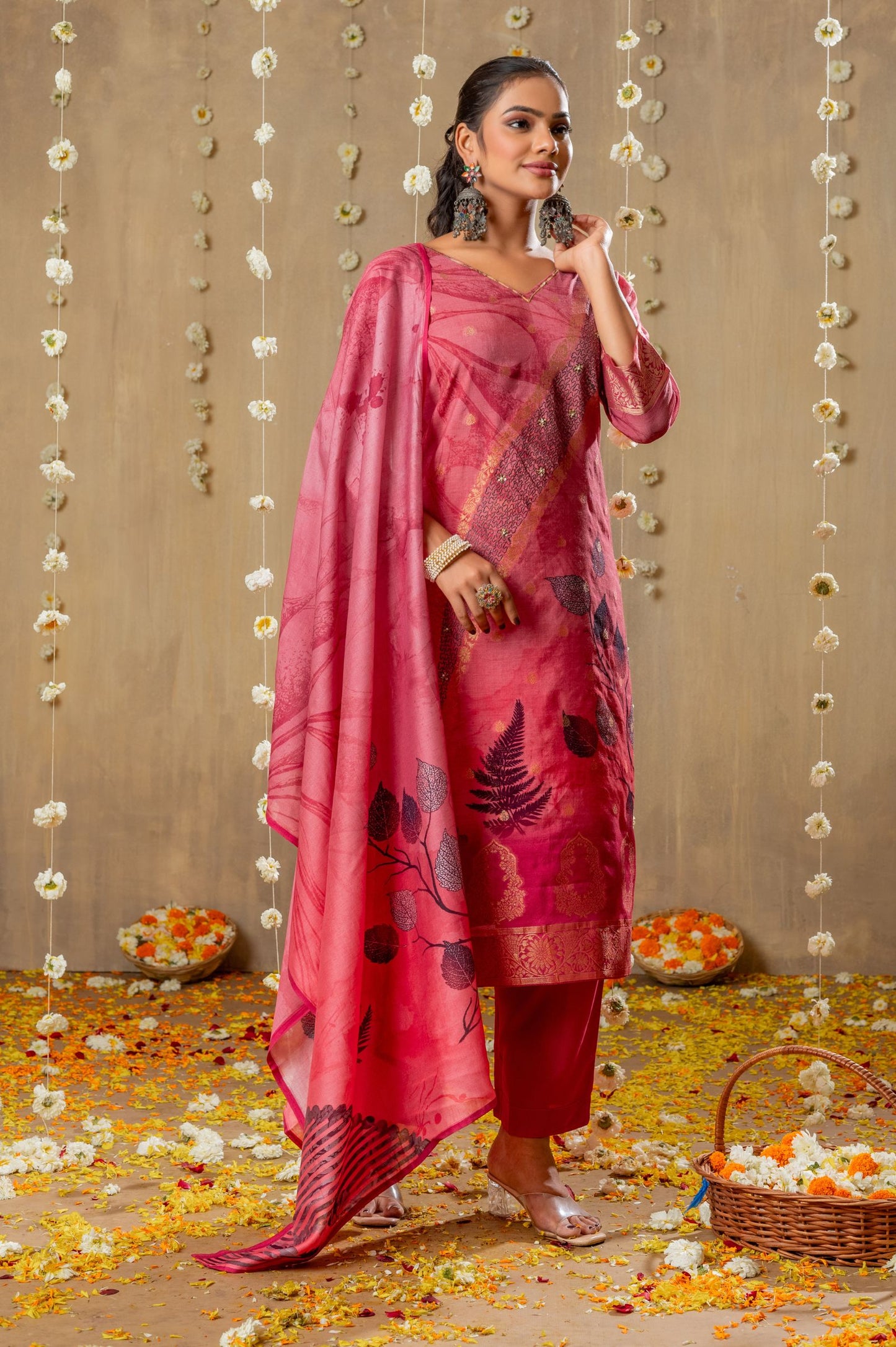 Pink Viscose Muslin Jacquard Handwork Kurta Set with Dupatta