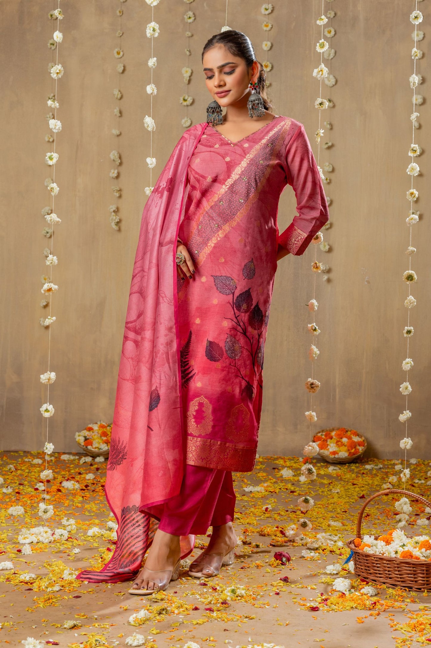 Pink Viscose Muslin Jacquard Handwork Kurta Set with Dupatta