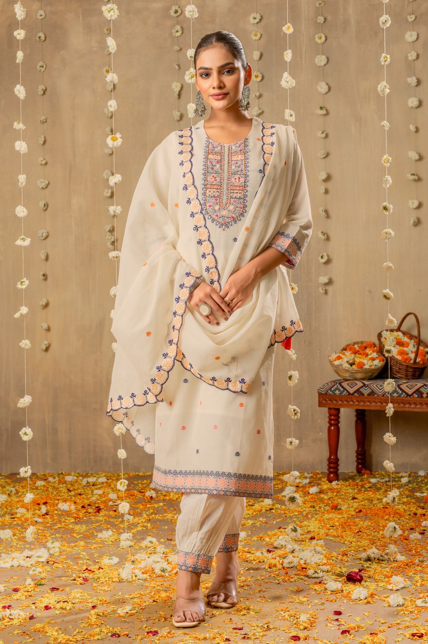 White Pure Cotton Jacquard With Handwork Kurta Set with Dupatta