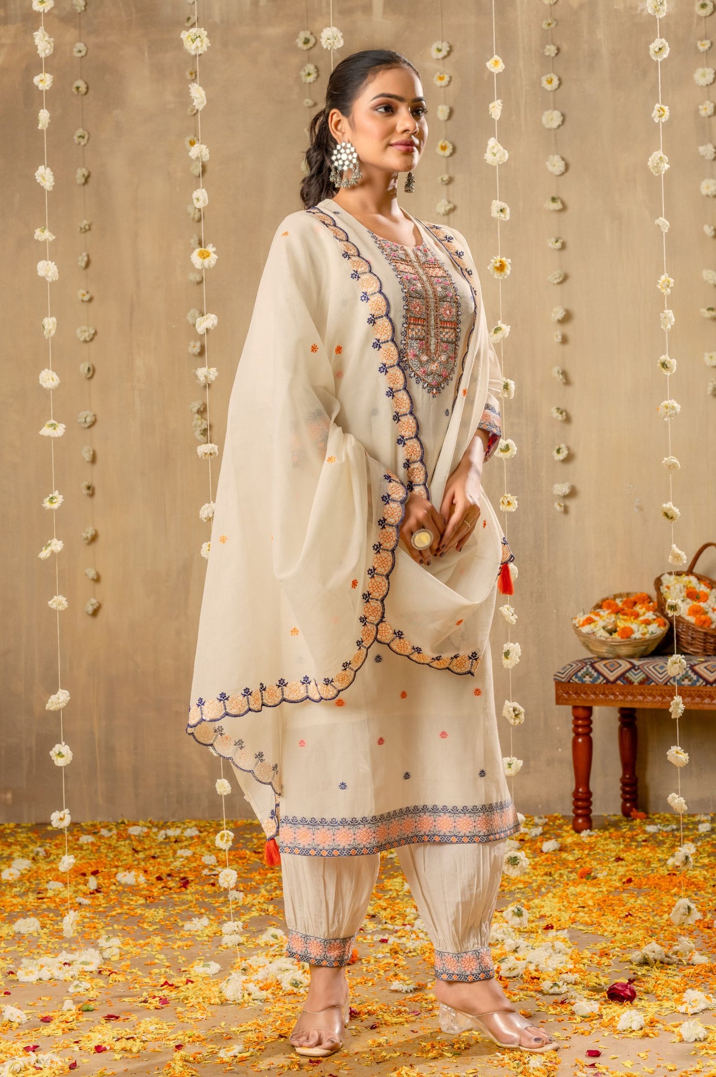 White Pure Cotton Jacquard With Handwork Kurta Set with Dupatta