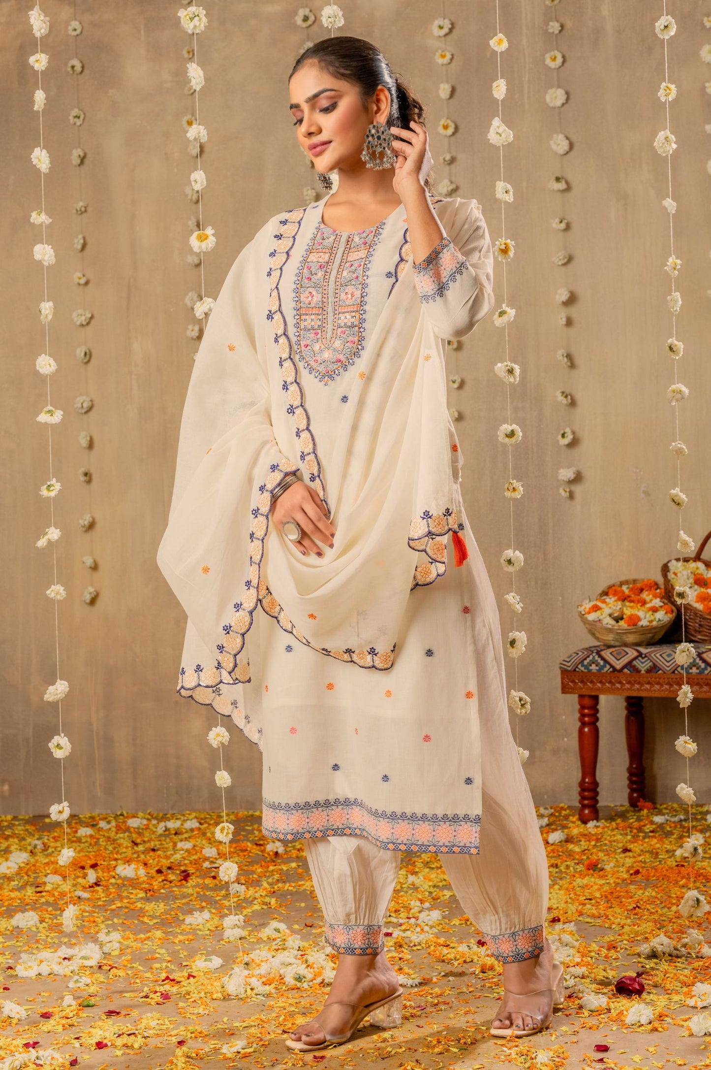 White Pure Cotton Jacquard With Handwork Kurta Set with Dupatta