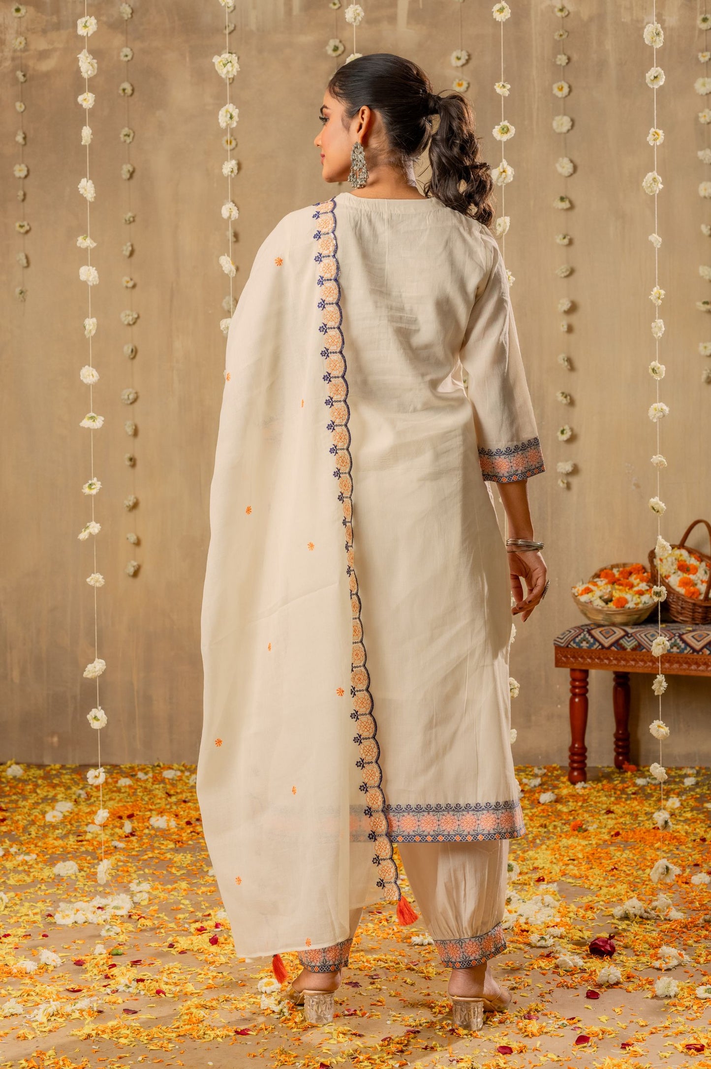 White Pure Cotton Jacquard With Handwork Kurta Set with Dupatta