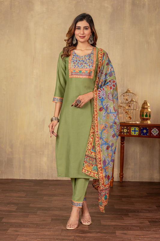 Pista Cotton Printed Kurta Set with Dupatta