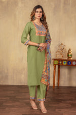 Pista Cotton Printed Kurta Set with Dupatta