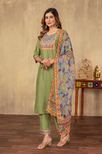 Pista Cotton Printed Kurta Set with Dupatta
