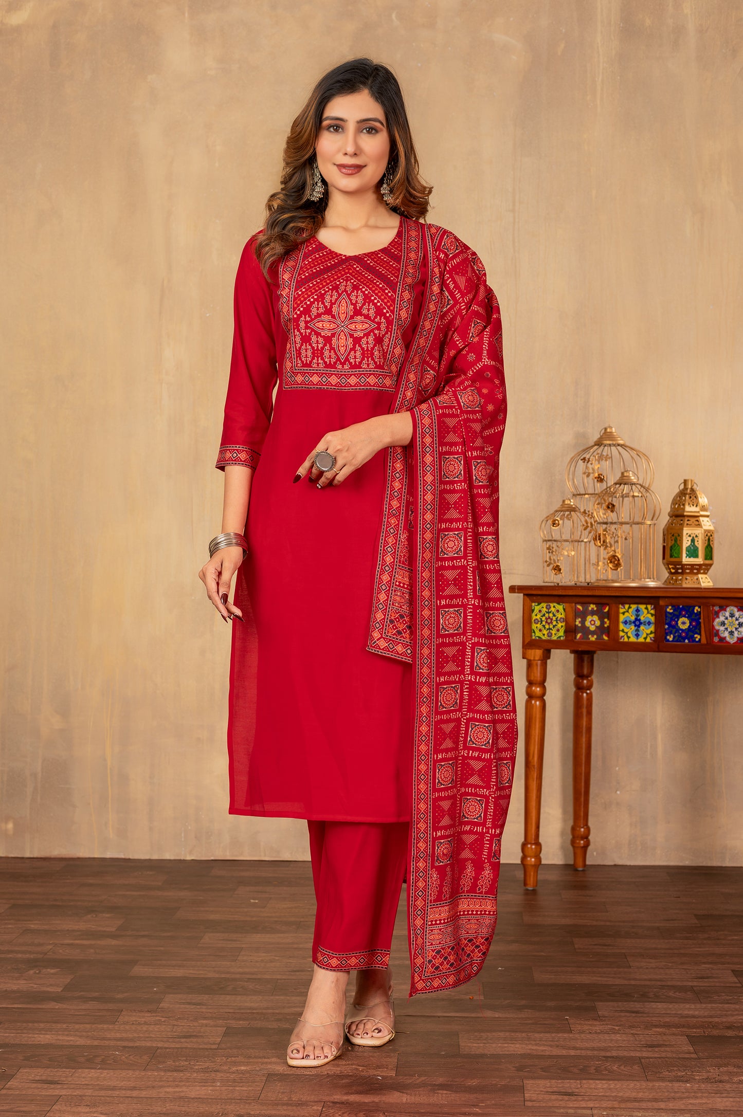 Red Cotton Printed Kurta Set with Dupatta