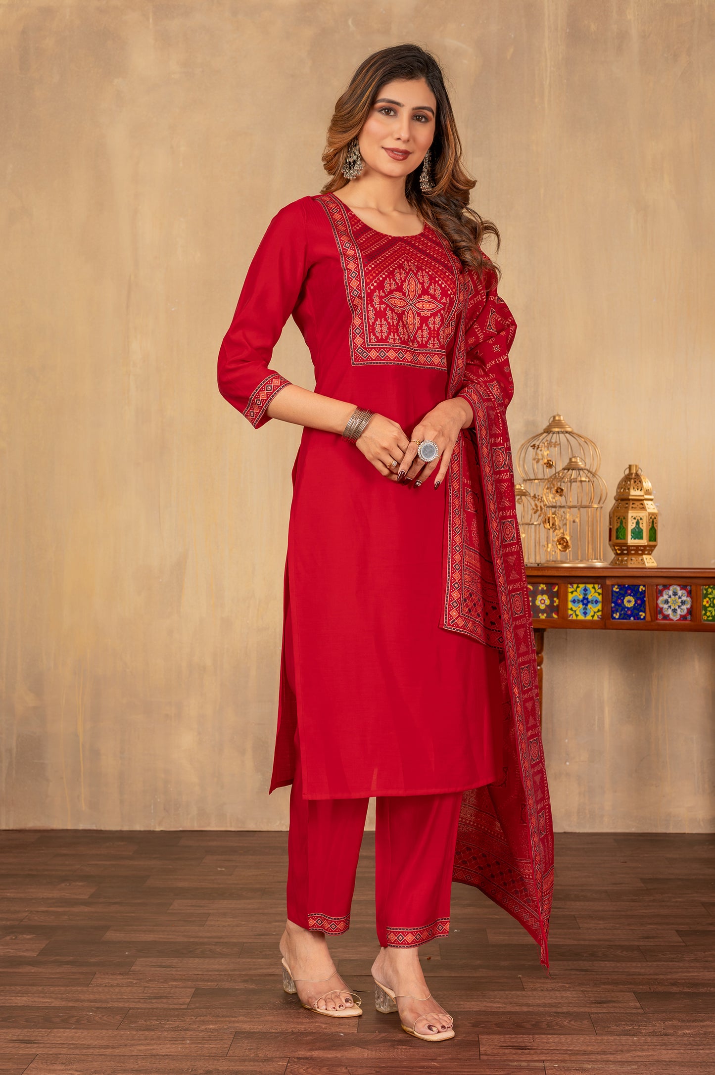 Red Cotton Printed Kurta Set with Dupatta