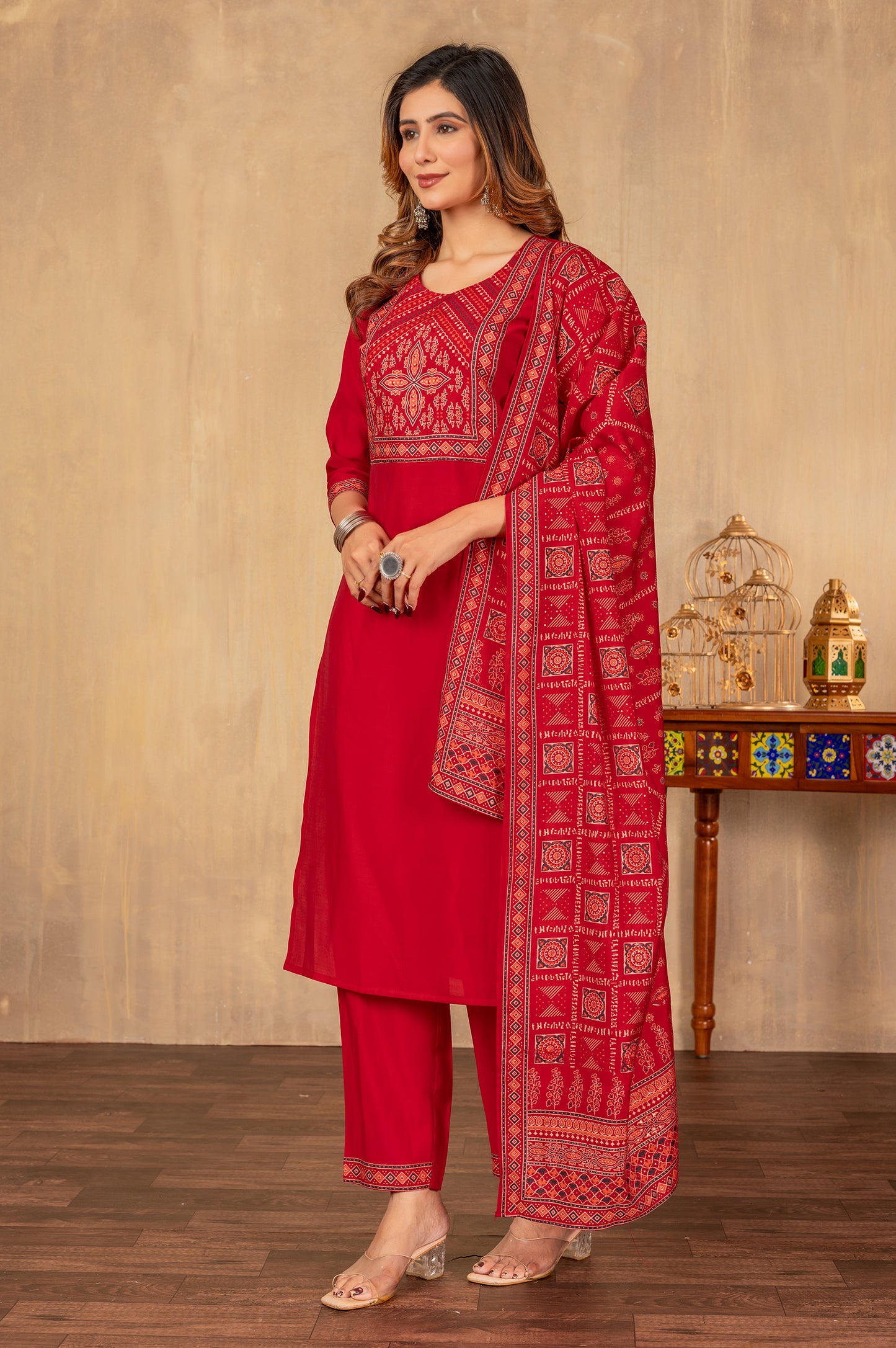 Red Cotton Printed Kurta Set with Dupatta