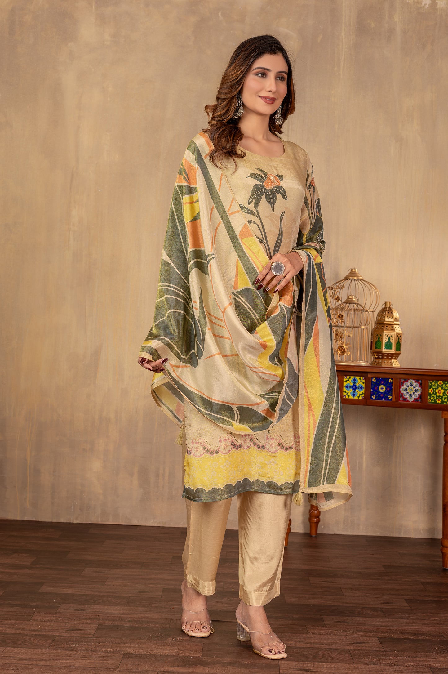Brown Viscose Simmer Digital Print Digital Printed With Handwork Kurta Set with