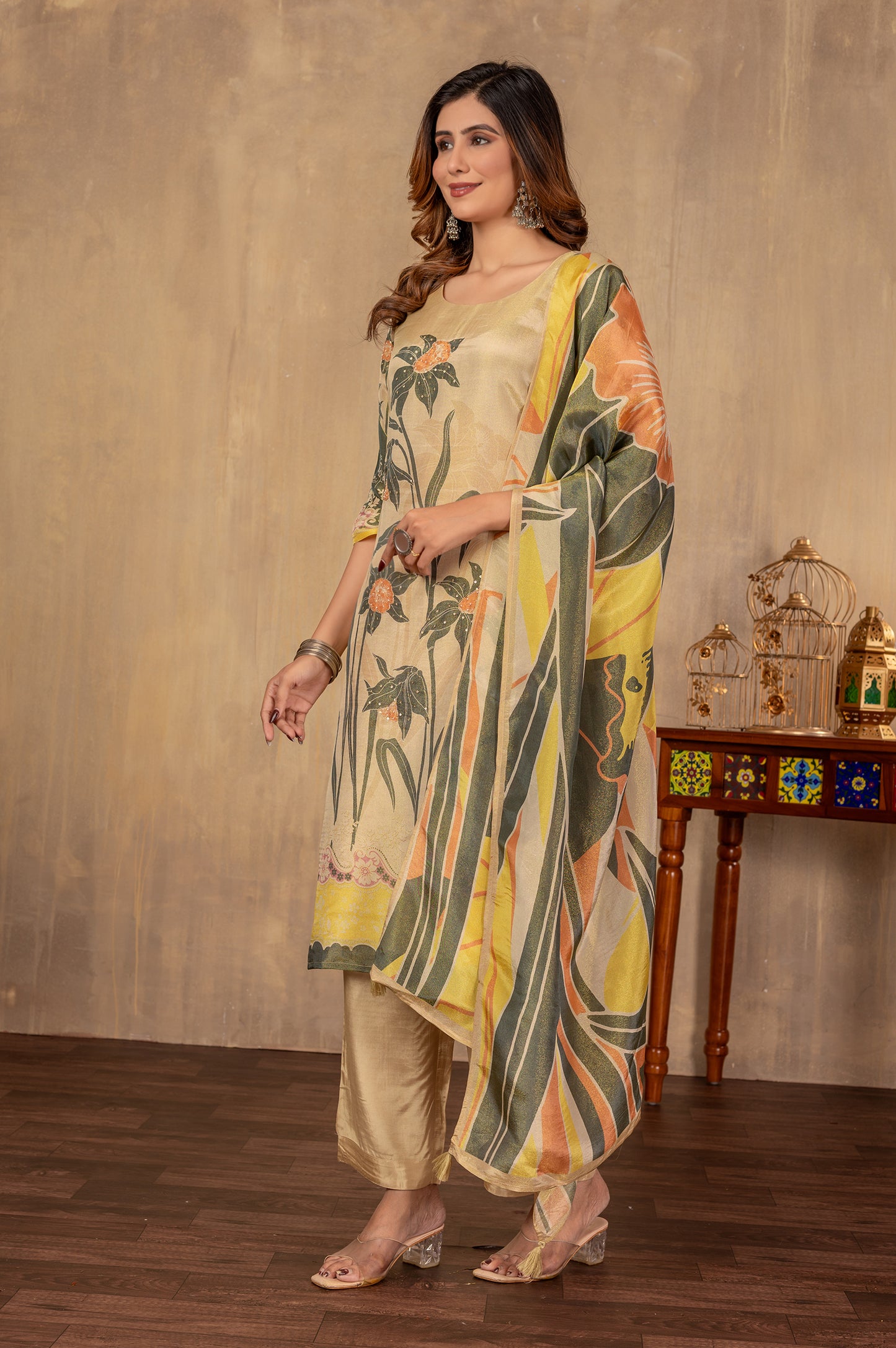 Brown Viscose Simmer Digital Print Digital Printed With Handwork Kurta Set with