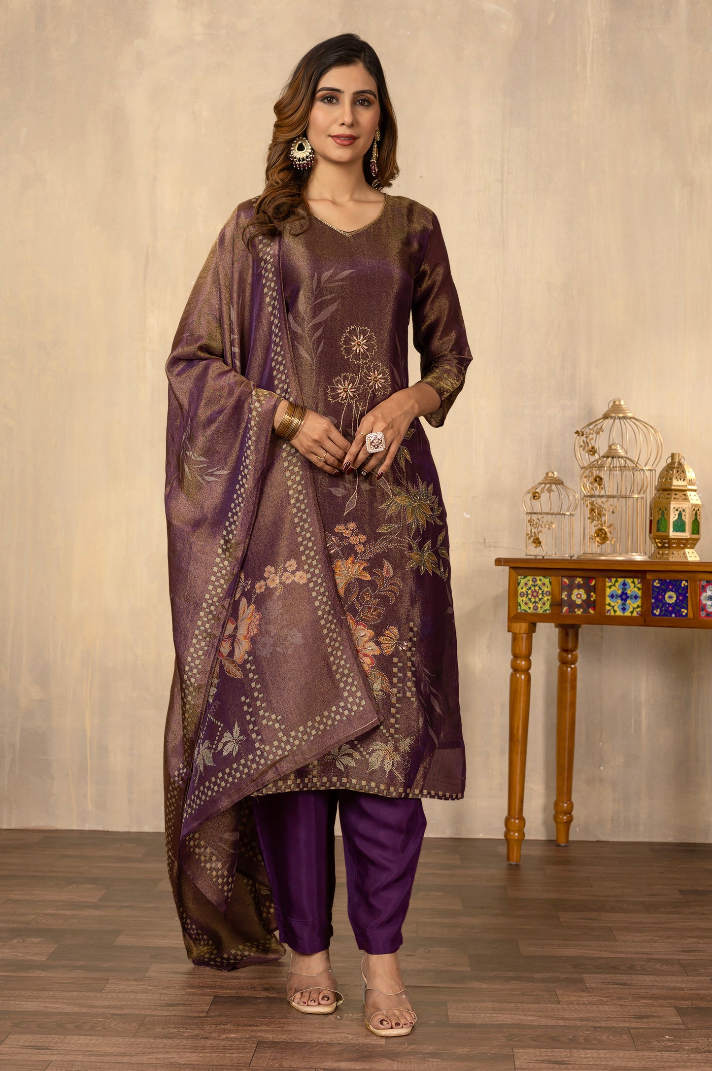 Dusty Purple Viscose Simmer Digital Print With Hand Work Kurta Set with Dupatta