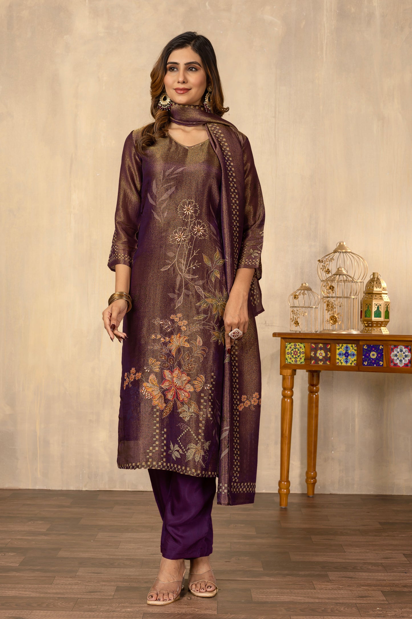 Dusty Purple Viscose Simmer Digital Print With Hand Work Kurta Set with Dupatta