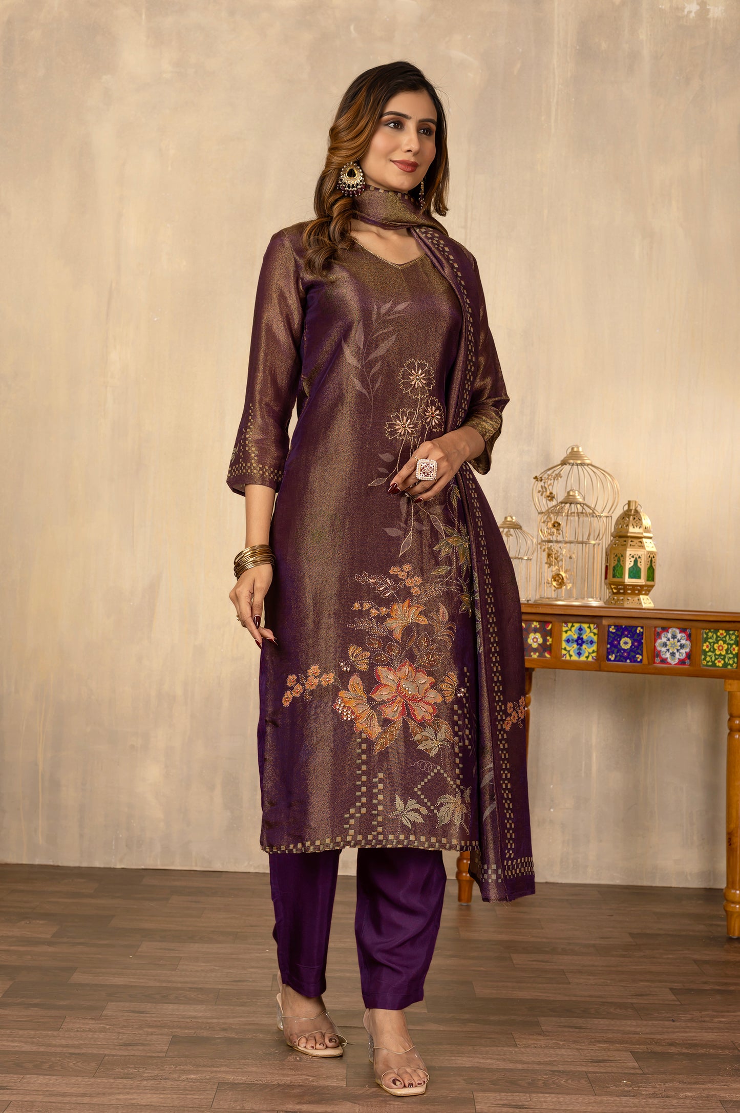 Dusty Purple Viscose Simmer Digital Print With Hand Work Kurta Set with Dupatta