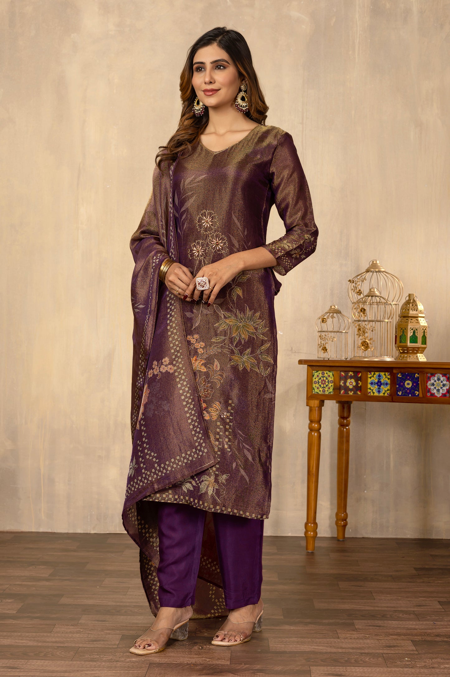 Dusty Purple Viscose Simmer Digital Print With Hand Work Kurta Set with Dupatta